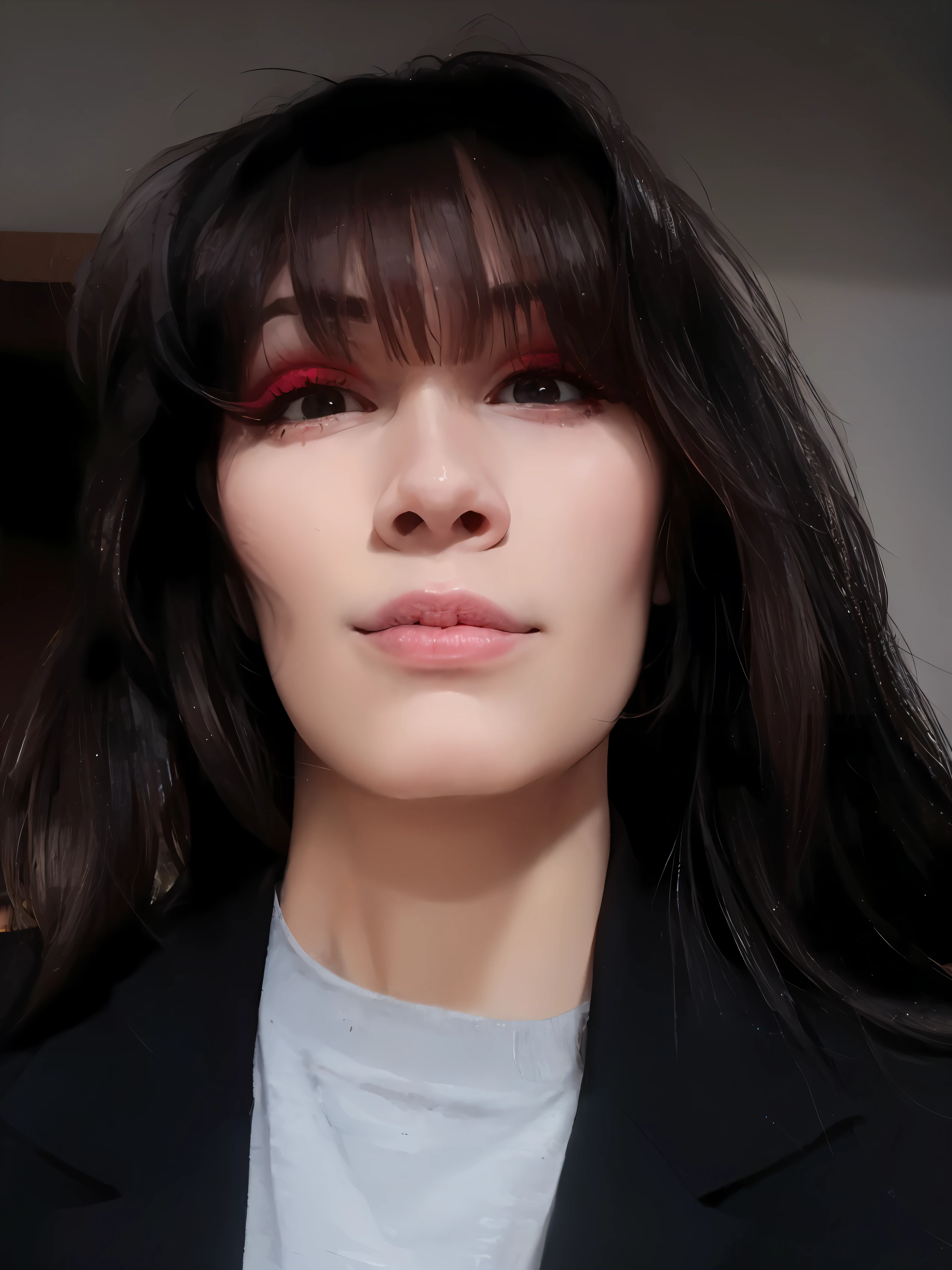 um close up de uma mulher com cabelos longos e um delineador vermelho, Batom vermelho no rosto, rosto sexy com maquiagem completa, red neon eyes, imagem de perfil, foto de perfil headshot, vermelho vibrante, mas sombrio, olhar sensual, wearing goth makeup, Mulher francesa de 30 anos, inspirado em Tadanori Yokoo, com franja, com maquiagem profissional