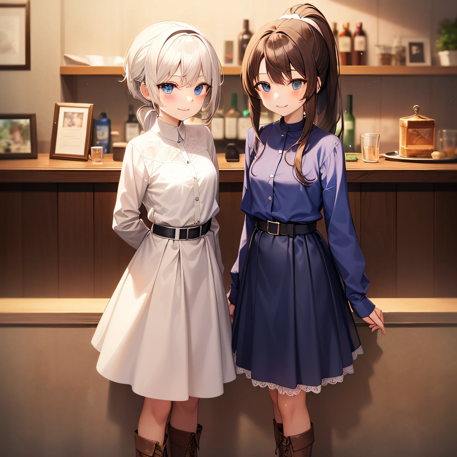 Top quality, very delicate and beautiful, girl, 11 years old, (dark brown hair), blue clothes with vertical buttons, belt at the waist, white skirt, (ponytail)), (white hair band), (brown boots), blue eyes, standing, smile