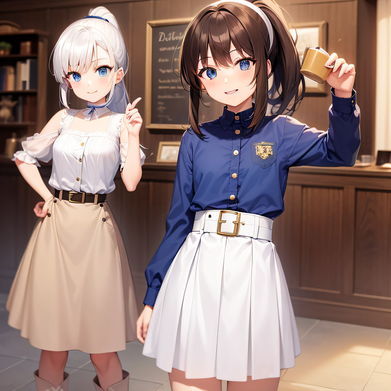 Top quality, very delicate and beautiful, girl, 11 years old, (dark brown hair), blue clothes with vertical buttons, belt at the waist, white skirt, (ponytail)), (white hair band), (brown boots), blue eyes, standing, smile