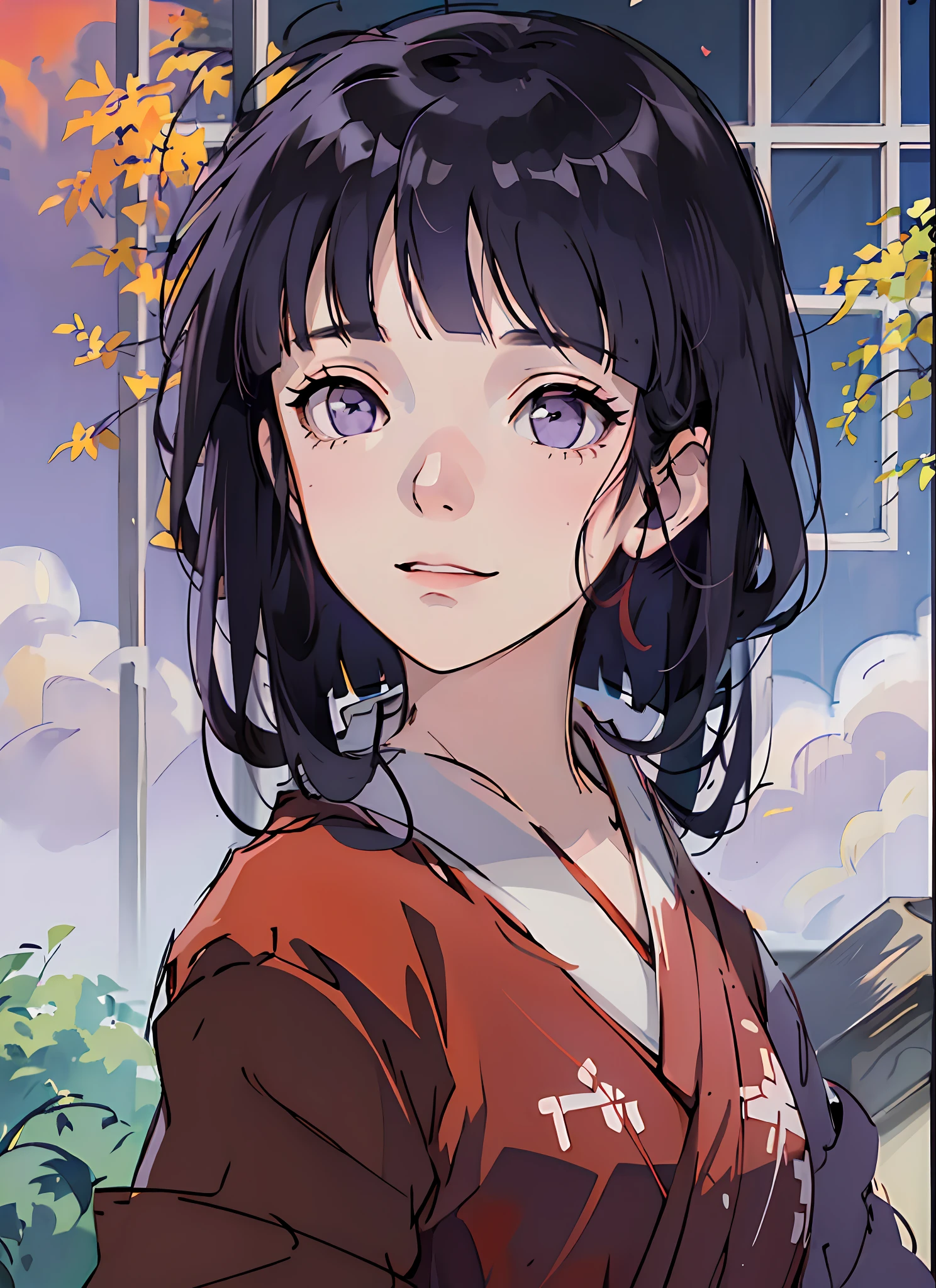 masterpiece, (((purple eyes))), ((red and white kimono)), cowboy shot, ((full body)), perfect eyes, perfect face, perfect lighting, indoors, colored sky, slight smile, blunt bangs, dark blue hair, hinata as kikyo