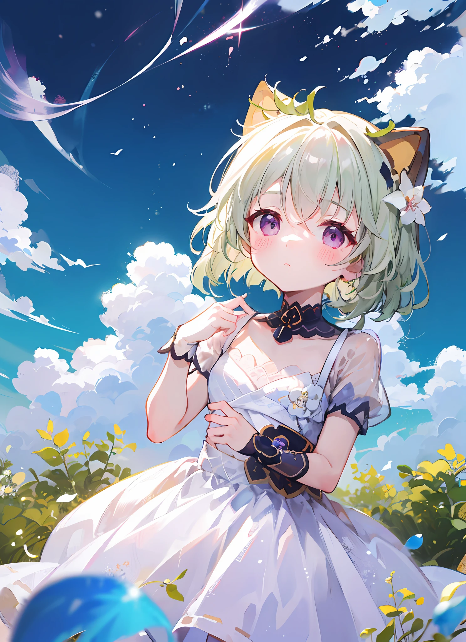 blush, outdoor, daytime, simple background, blue sky, rippled hair, sky, looking at the audience, , expression is cute, small short legs, avatar, wedding dress, white dress, little curved loli