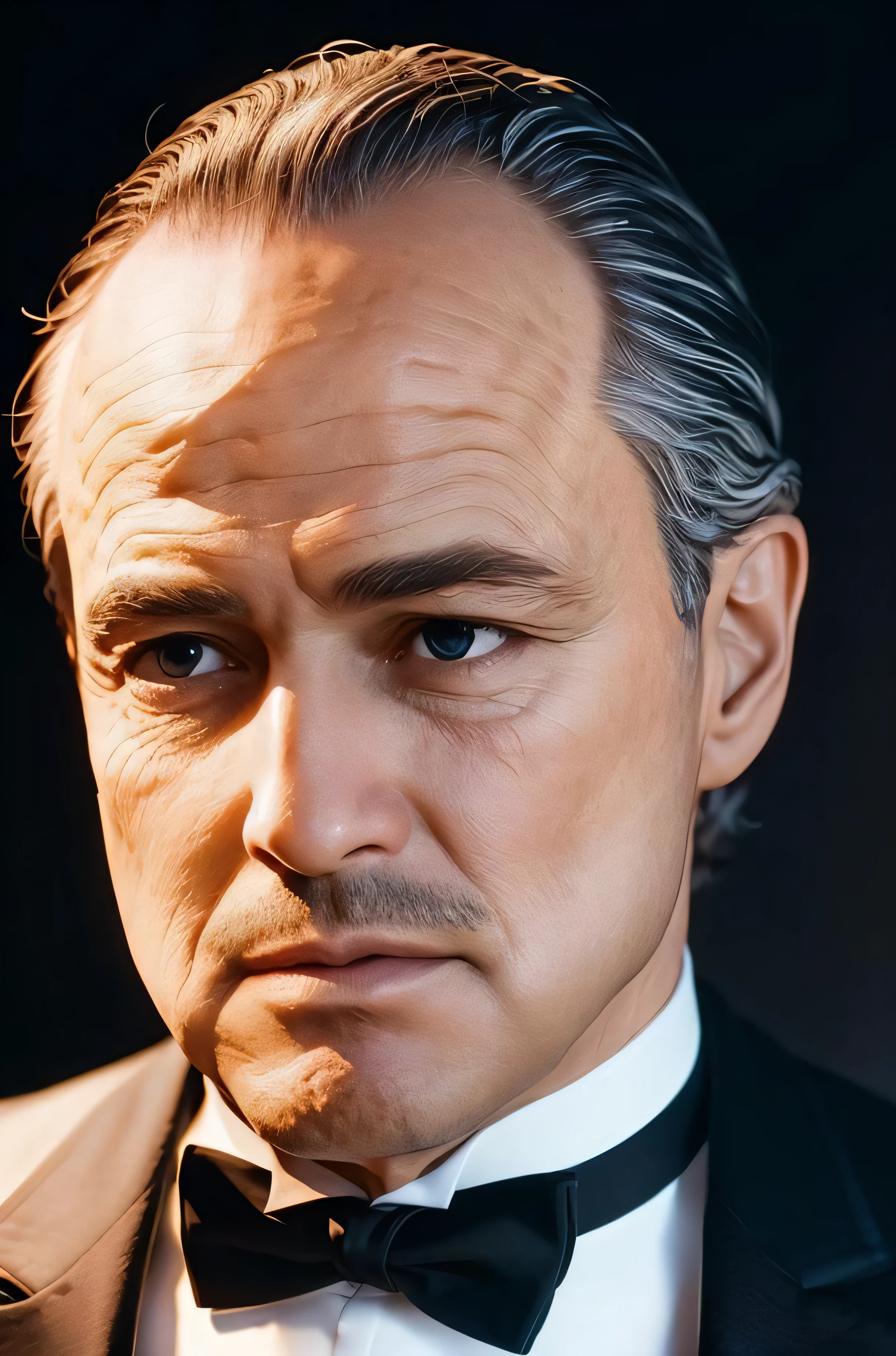 standing in front of a golden sculpture in a room with columns and columns, 
Black_suit,Black_jacket,shirt,tuxedo,red_Rose in his lapel, (Close-Up:1.5),(face_focus:1.3),
pubic_hair,bowtie, blue_eyes, brown watch,
1 old_Man, 50yo,male,looking at viewer,(closed mouth:1.0),
NSFW,official art,extremely detailed CG unity 8k wallpaper, perfect lighting,Colorful, Bright_Front_face_Lighting,
(masterpiece:1.0),(best_quality:1.0), ultra high res,4K,ultra-detailed,
photography, 8K, HDR, highres, absurdres:1.2, Kodak portra 400, film grain, blurry background, bokeh:1.2, lens flare, (vibrant_color:1.2)