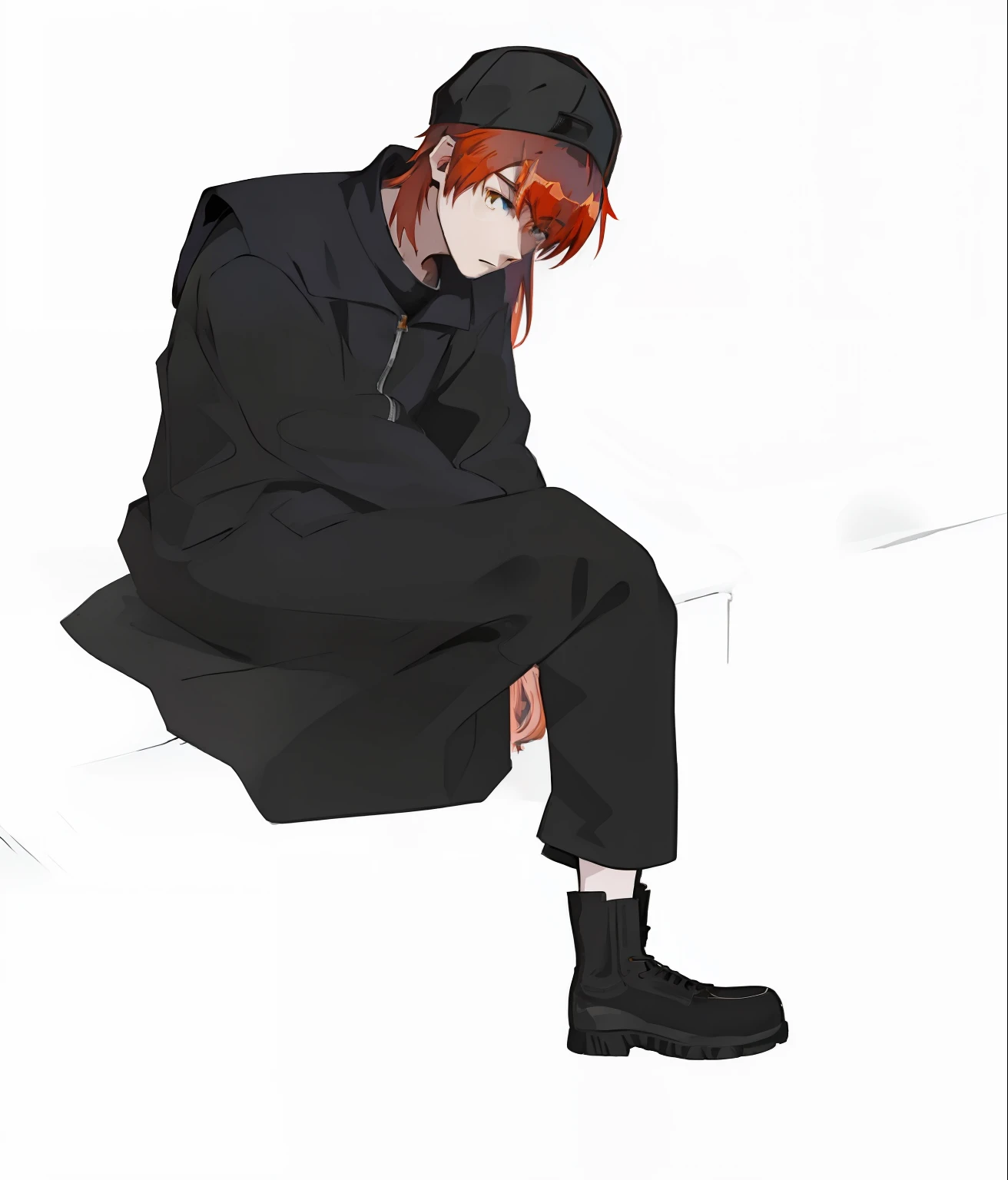 (((A masterpiece))), Best Picture Quality, Very detailed CG full body view, Sit freely, Thinking male single character full body illustration, red tinted hair, orange hair, wearing japanese techwear, anime style character, The details are outstanding, sittin, Dressed in black, Empty parking background, A boy with an anime atmosphere. --auto