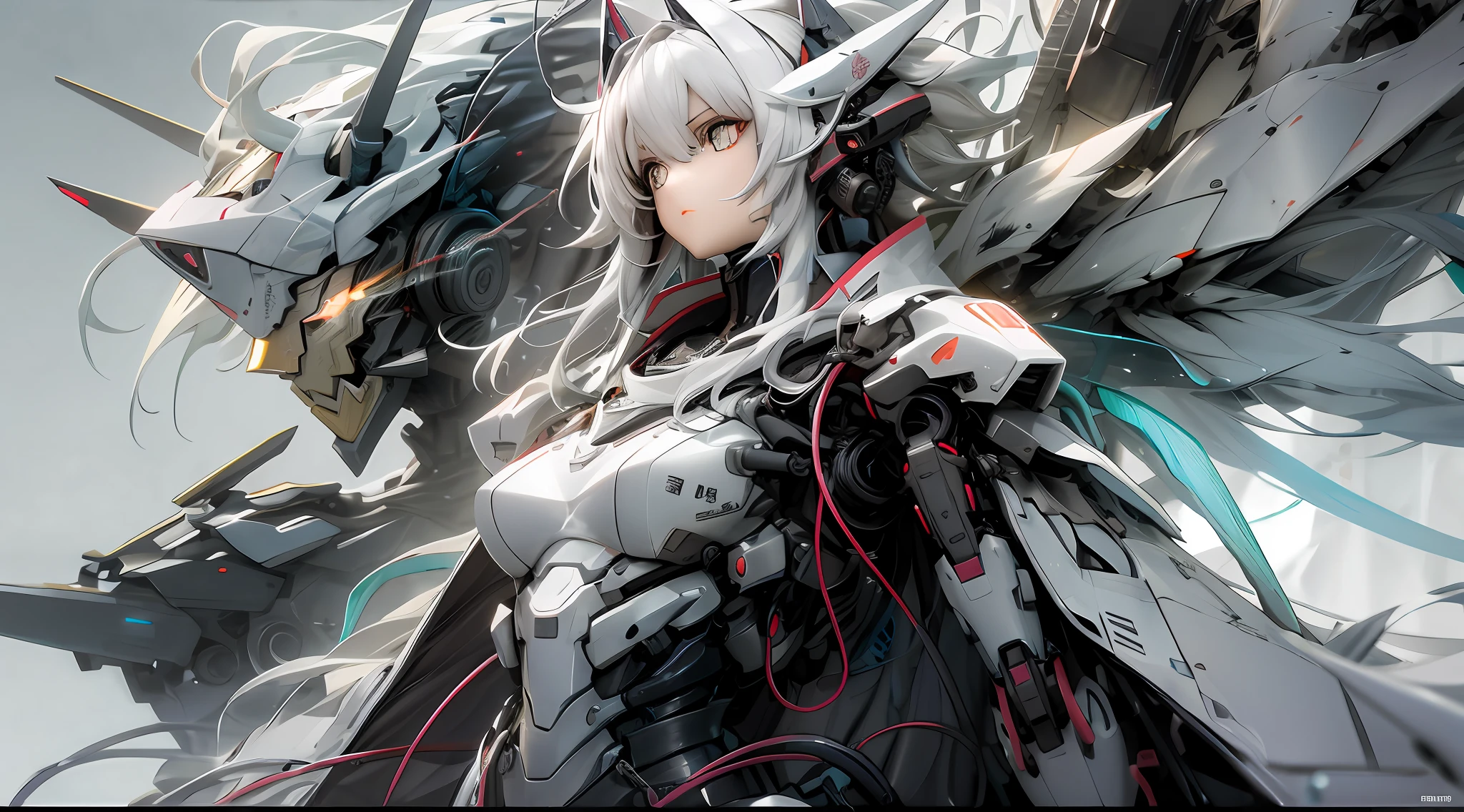 1girls, Electronic blue color, Wolf ears、 whited , color pastel、Bright atmosphere、Machine Man、White hair、Futuristic atmosphere、Despressing、White eyes、Longhaire、Exposed、the body is connected by a cable、Slender body, Upper body, headgear, machine wings, the universe, The god Machines,The god々Shikai、Huge machine、Jetwing