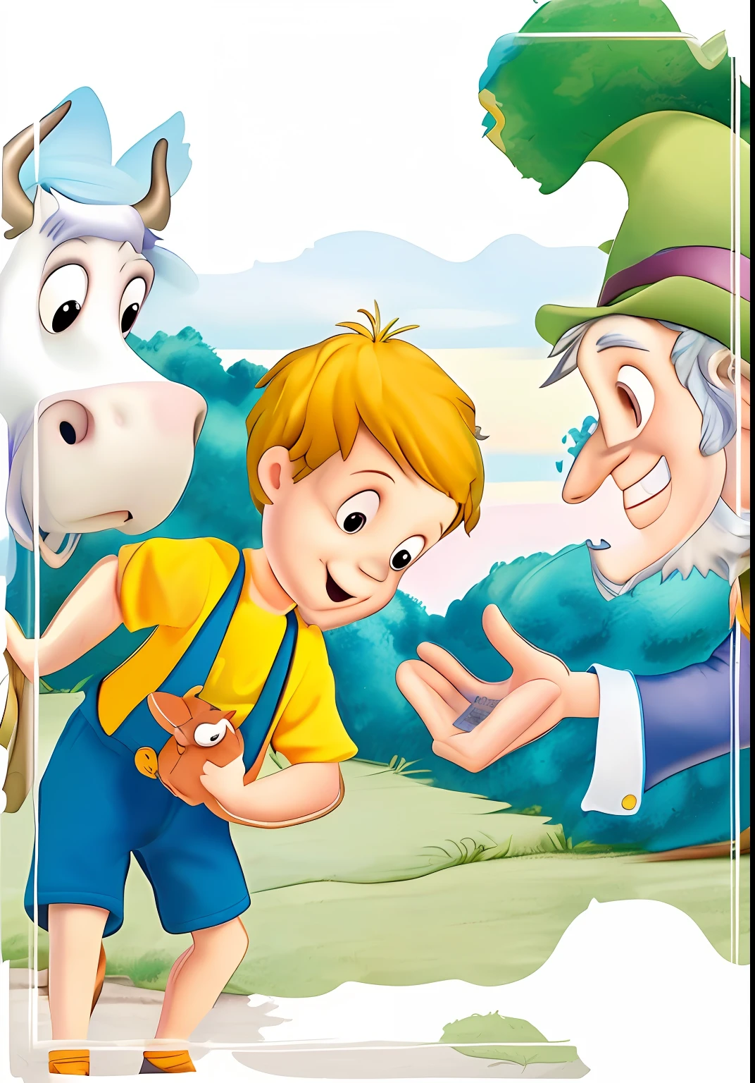 cartoon of a boy and a cow are talking to each other, story book illustration, jack and the bean stalk, childrenbook illustration, childrenbook illustration, illustration for children, storybook illustration, childrens illustrated storybook, illustration of children's book, colorful kids book illustration, illustration of children's book, children's book illustration, childrenbook illustration, story book design, a storybook illustration