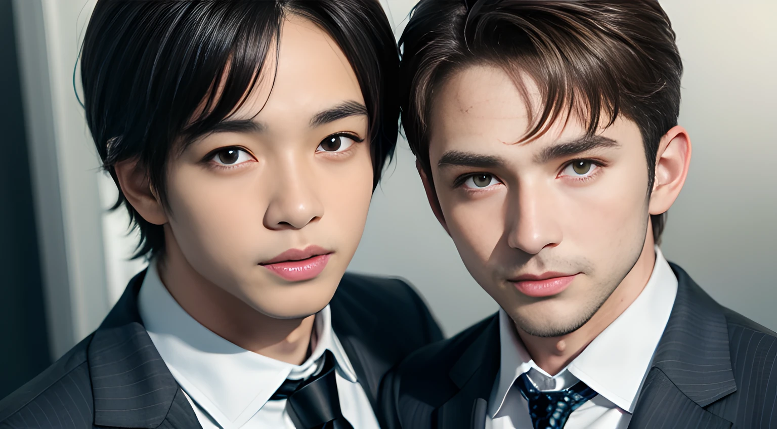 (They are male gay couple ), (head shot), (face only), (two gay handsome muscular businessmen in their 30s)、They are wearing blue business suit and pink tie in the office, short dark blonde hair, They resemble Chris Redfield from Resident Evil, mischievous smile, (small details: 1 in 1), natural muscles, hig quality, beautifull eyes, (Detailed face and eyes), (Face、: 1 / 2), noise, real pictures、... ..............PSD, Sharp focus, High resolution 8K, Realstic & Professional Photography, 8k UHD, Soft lighting, High quality, Film Grain, Fujifilm XT3