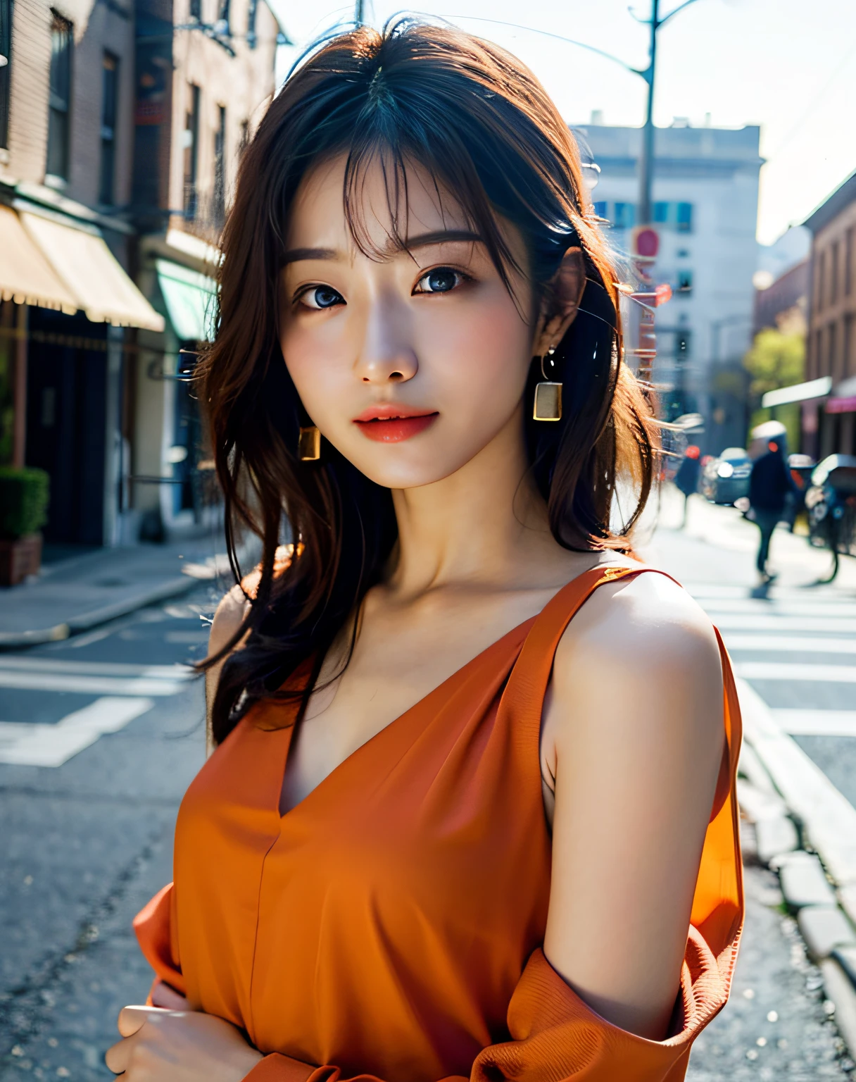 Woman posing on street corner in bright orange dress、beste Quality、a highres、8k、The girls 1 people、(small tits)、during the day、well lit、out door、(Street:0.8)、(ten mens々、crowd:1)、、gorgeou、(Medium hair)、Beautiful detailed sky、Beautiful earrings、(dinamic pose:0.8)、 (upper-body:1.2)、Soft lighting、Vents、Lustrous skin、line of sight、