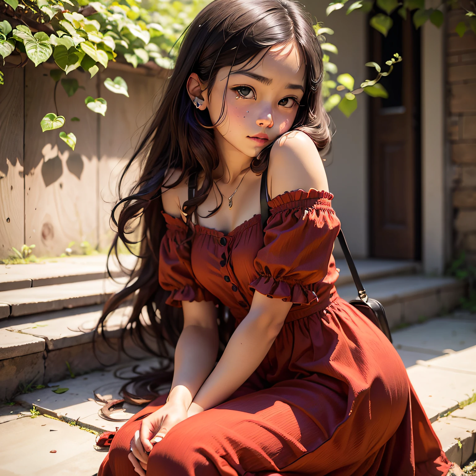 A portrait of a young girl, with rosy cheeks and a bold red dress. --auto