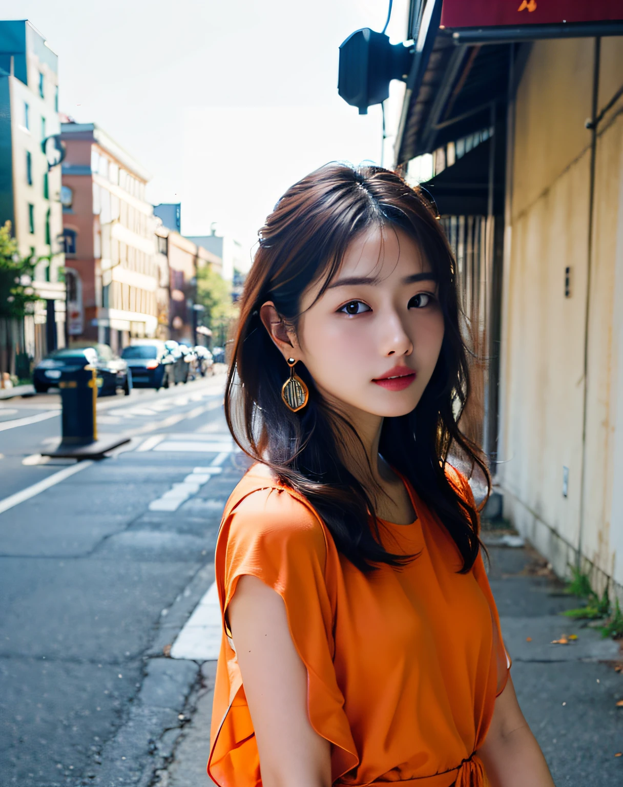 Woman posing on street corner in bright orange dress、beste Quality、a highres、8k、The girls 1 people、(small tits)、during the day、well lit、out door、(Street:0.8)、(ten mens々、crowd:1)、、gorgeou、(Medium hair)、Beautiful detailed sky、Beautiful earrings、(dinamic pose:0.8)、 (upper-body:1.2)、Soft lighting、Vents、Lustrous skin、line of sight、
