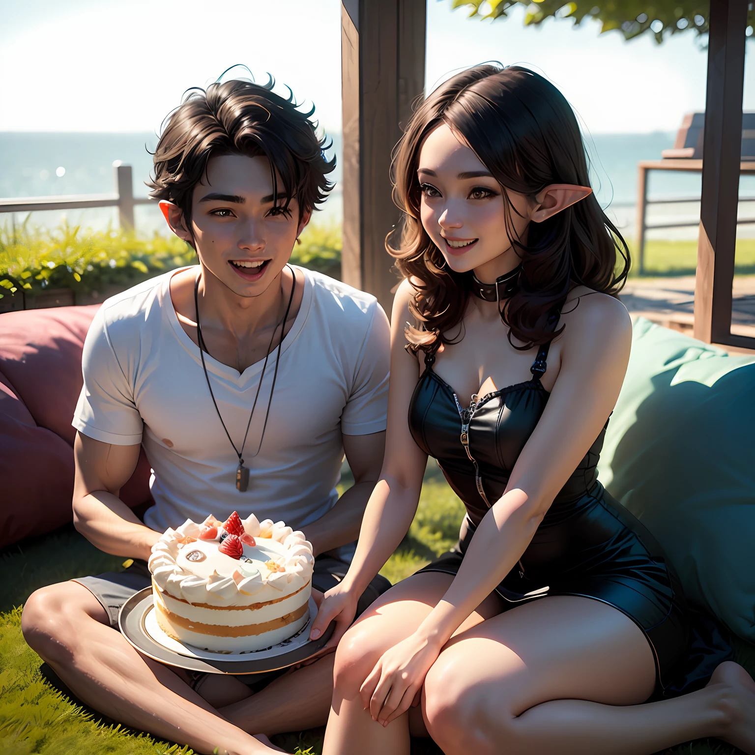Summer, lawn, huge cake, two people, super handsome 23 years old boy, happy smile, brown hair, big eyes, sitting on cake and eating cake, girl with black hair, looking at boy, very happy, sunny day, natural lighting , 3D, they surrounded by elves, full body portrait, 8k superb, ultra-detailed, ultra-detailed, ultra-high-definition --ar 3:4 --auto