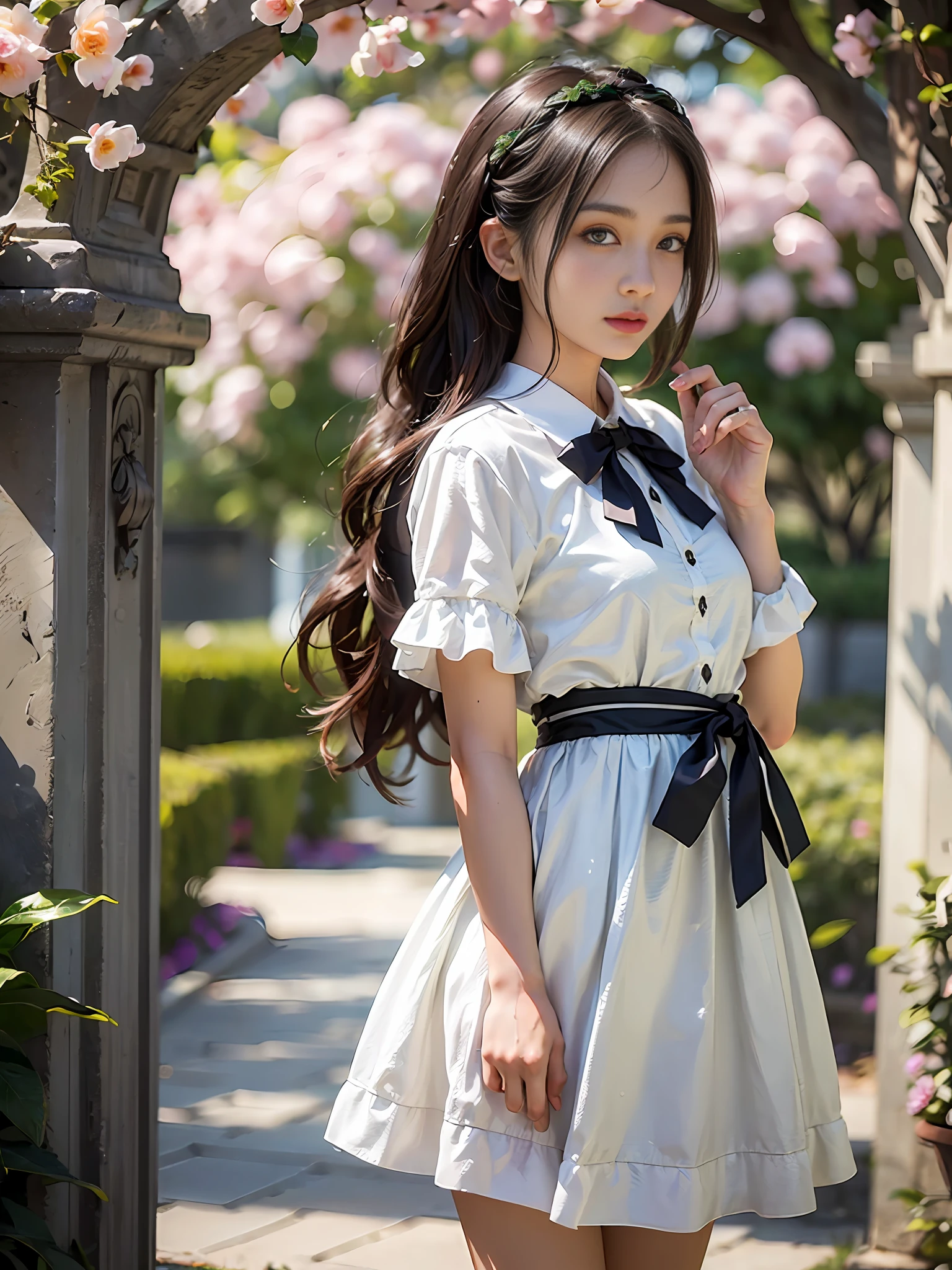 One woman with a faint smile、full full body、Silk White Socks、pumps、Standing in front of garden arch with flowers、(Photoreal:1.4)、(Hyperrealistic:1.4)、(Realistic:1.3)、(Smooth lighting:1.05)、(Improved cinematic lighting quality:0.9)、(Shallow depth of field)、1girls、20 year old adult woman、Bright spring morning natural light、back lighting、Facial Lights、ray-traced、(bright lights:1.2)、(Quality improvement:1.4)、(Realistic textured skin of the highest quality:1.4)、small tits、fine detailed eyes、detailed faces、Small face、Fine quality eye、Brown eyes、ponie tail、Braiding、Ribbons in the hair、Floral blouse with ruffles、bowtie、Green glass jar with water、The back of the background is white and blurry.