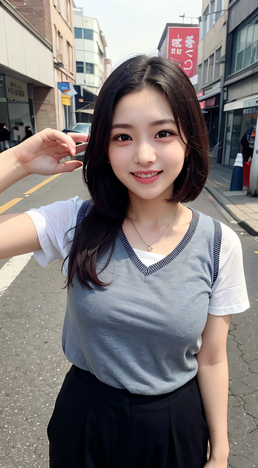 bob cuts、Cute age girl、AKB48 Team TP、AKB48 、(A masterpie、best qulaity:1.2)、ultra-highres、(photorealestic:1.4)、Detailed skin、cinematic lighting、friendly、intelligent、Get carried away by the conversation、Happiness、cordial、Energetic and、Cheerful and、Be creative、Glittering eyes and infectious smile、In the street、upper-body、full full body、Longhaire、eyewear、Long pants、8K