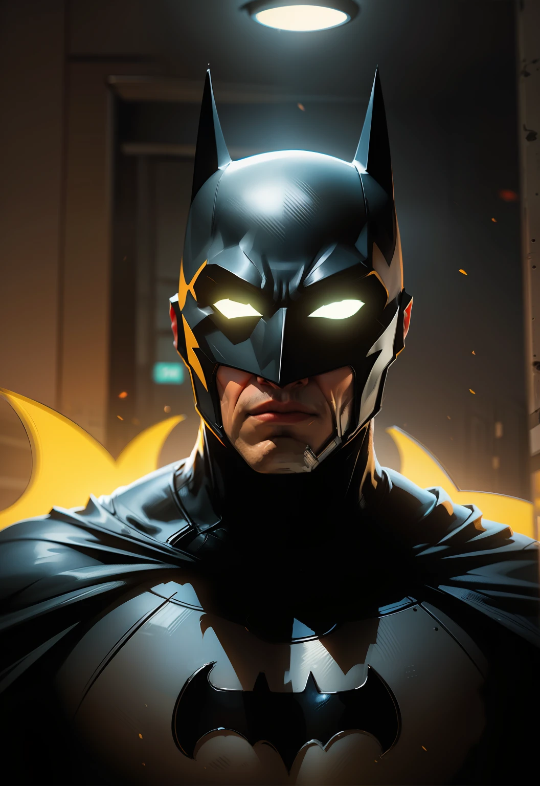 Batman, realistic mask, yellow logo, wide shot, reflection light, bloom, chromatic aberration abuse, UHD