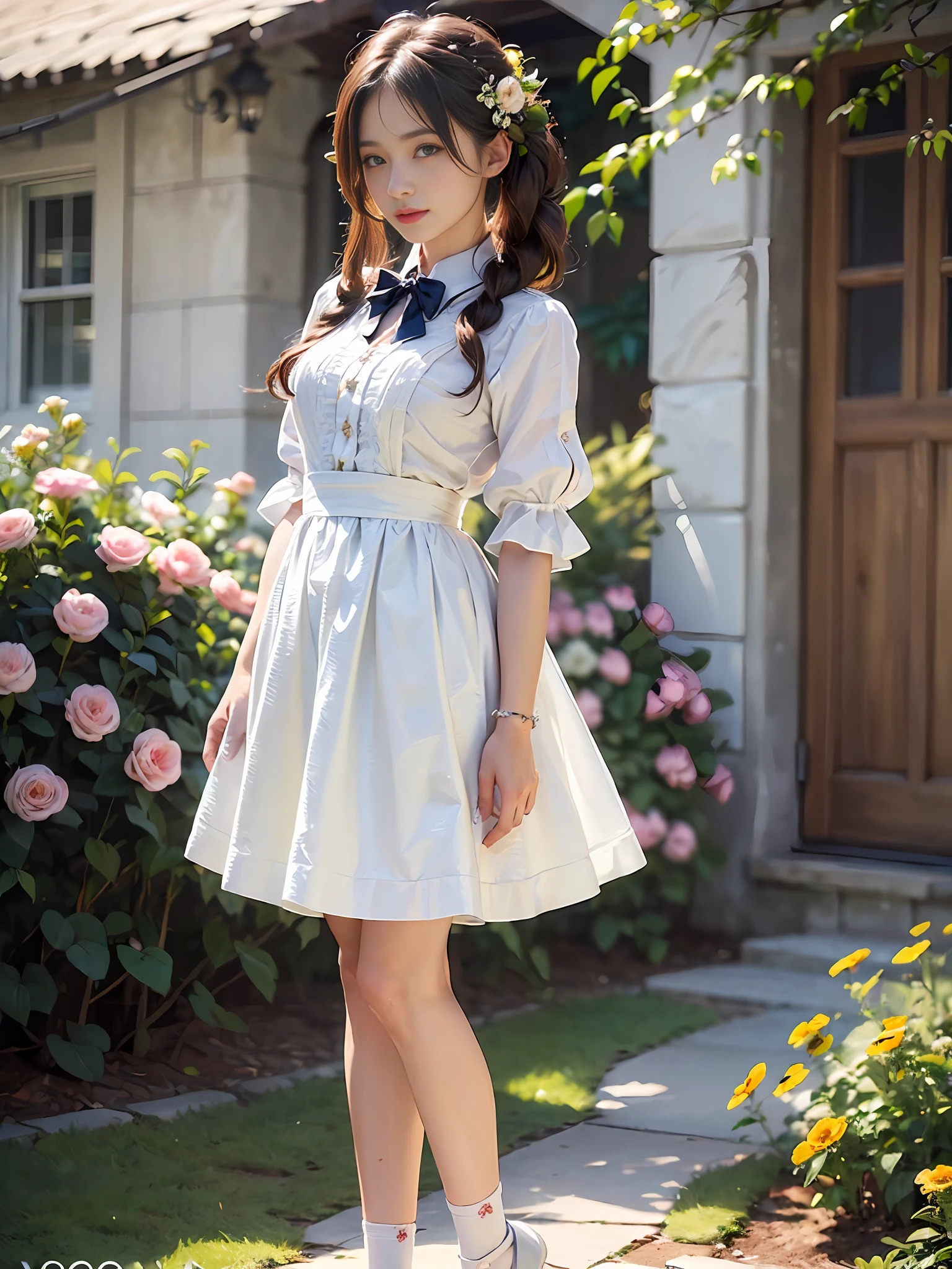 One woman with a faint smile、full full body、Silk White Socks、pumps、Standing in front of garden arch with flowers、(Photoreal:1.4)、(Hyperrealistic:1.4)、(Realistic:1.3)、(Smooth lighting:1.05)、(Improved cinematic lighting quality:0.9)、(Shallow depth of field)、1girls、20 year old adult woman、Bright spring morning natural light、back lighting、Facial Lights、ray-traced、(bright lights:1.2)、(Quality improvement:1.4)、(Realistic textured skin of the highest quality:1.4)、small tits、fine detailed eyes、detailed faces、Small face、Fine quality eye、Brown eyes、ponie tail、Braiding、Ribbons in the hair、Floral blouse with ruffles、bowtie、Green glass jar with water、The back of the background is white and blurry.