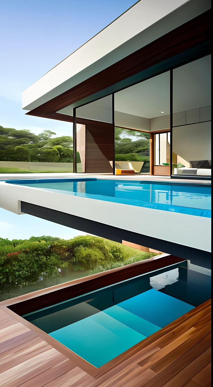 a rendering of a modern house with large pool and terrace, Ultra moderno, arquitetura branca, arquitetura de luxo, arquitetura branca, vista de longe possibilita ver a casa inteira, HDR --auto