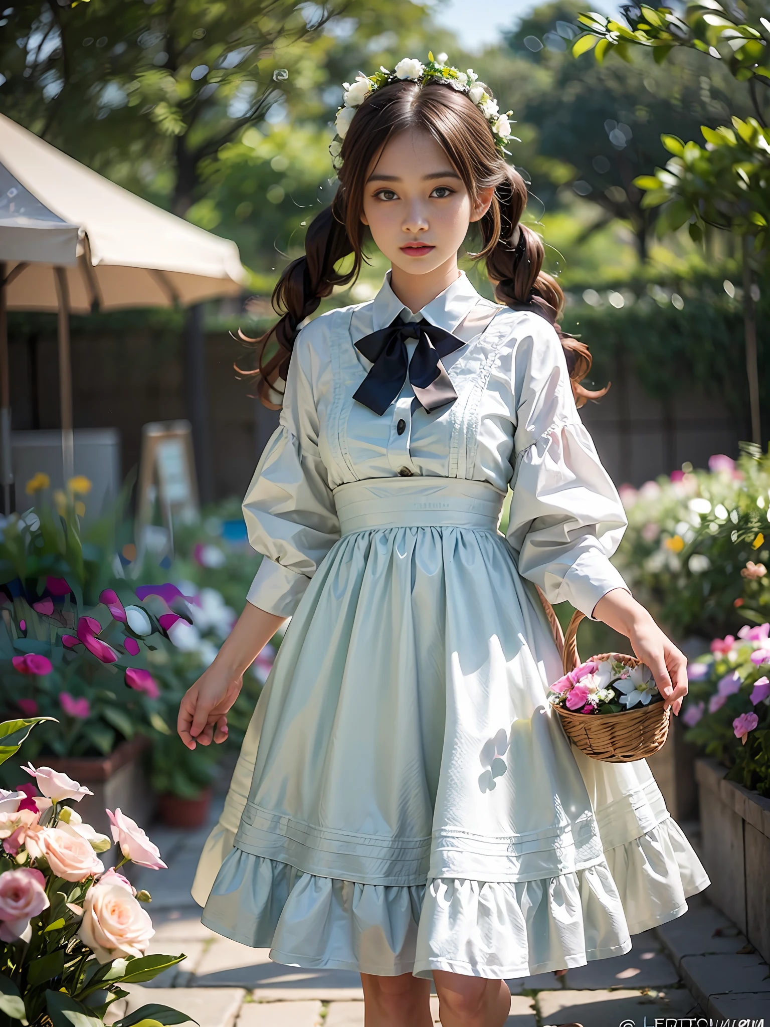 One woman with a faint smile、full full body、Ruffled white socks in smooth and shiny silk material、pumps、Walking through the garden with a basket of flowers、(Photoreal:1.4)、(Hyperrealistic:1.4)、(Realistic:1.3)、(Smooth lighting:1.05)、(Improved cinematic lighting quality:0.9)、(Shallow depth of field)、1girls、20 year old adult woman、Bright spring morning natural light、back lighting、Facial Lights、ray-traced、(bright lights:1.2)、(Quality improvement:1.4)、(Realistic textured skin of the highest quality:1.4)、small tits、fine detailed eyes、detailed faces、Small face、Fine quality eye、Brown eyes、ponie tail、Braiding、Ribbons in the hair、Floral blouse with ruffles、bowtie、Green glass jar with water、The back of the background is white and blurry.