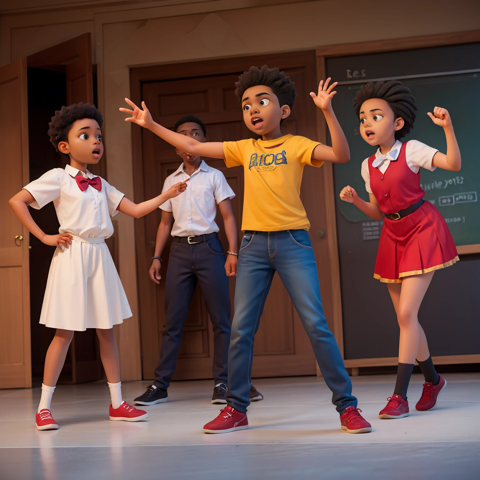 photo RAW, black agers, Africans doing theatrics at school, detailed drawing, best quality, theatrical, staging, props, costumes