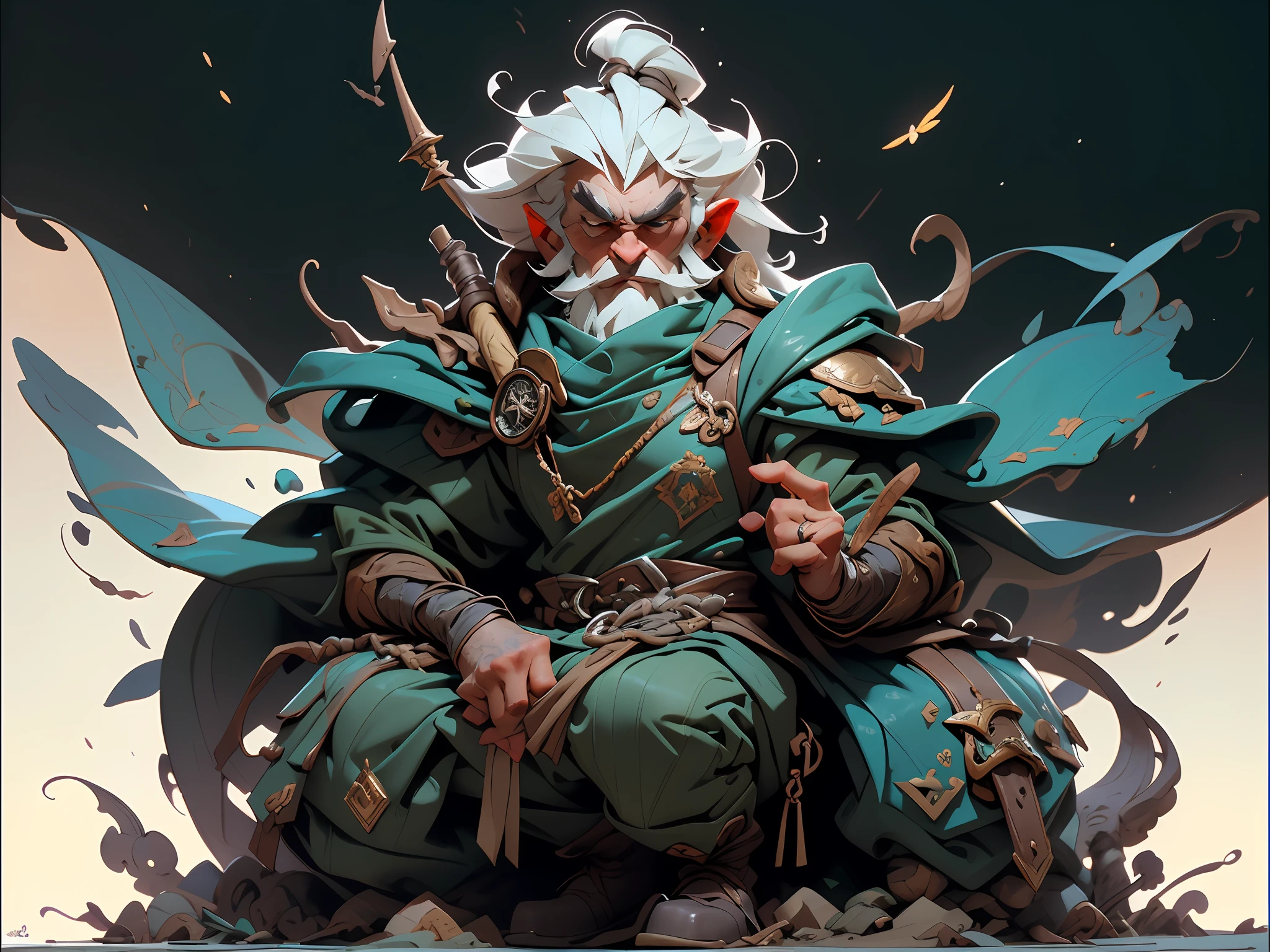 (An ultra-realistic portrait of a seasoned 70-year-old dwarf dressed in blue on a bee ), Un savoir-faire artisanal magistral, best quality detailing, Expression hurlante puissante, unruly viking hair, armored pants, defined chest and sinews, scarred and serious facial expression, Fond forestier vert profond.habiller armure bleu,sacoche bleue.