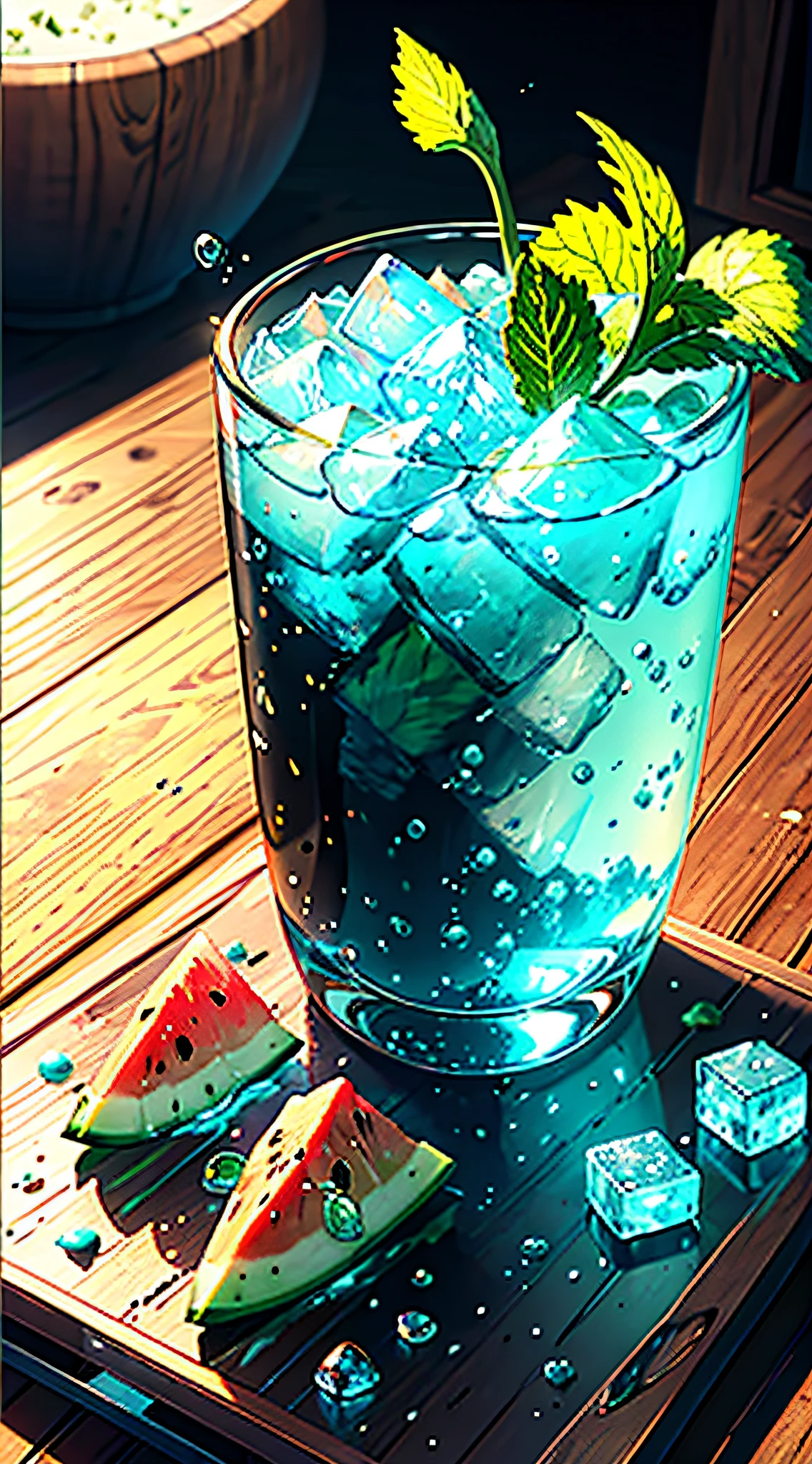 A glass of soda, frozen, frozen effect, on a wooden tray with pieces of watermelon, with mint leaves, cut small turquoise greens, with ice cubes, a few scattered ice cubes on a wooden board, super realistic Food pictures, full theme shown in photos,, Randy Post, hyper realistic ", hyper realistic", high res photo