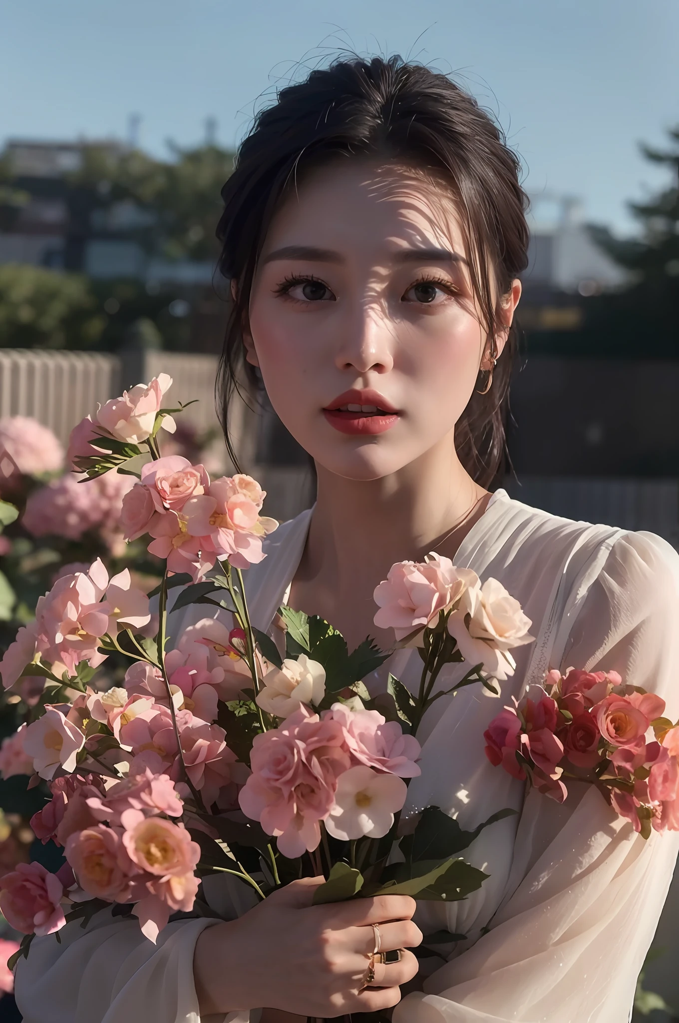 Flowers fill the walls，(Best lighting:1.2，Cute Chinese girl:1.2，[White dress:1.3]，full full body，Beautiful dance moves，Wearing a pink long silk bandeau dress，Colorful flower wall，Poster level，Flowers on the walls are not crowded，Elegant and colorful:1.1，Bright and moving:1.1，[Ultra-detailed:1.2+Dynamic pose+Delicate:1.2]，)，Large breasts，Pout，The sides are flanked by five-colored flowers，On the walls are pink hydrangeas，Rose flower，Small colored chrysanthemums，The background wall is a wall of flowers predominantly pink