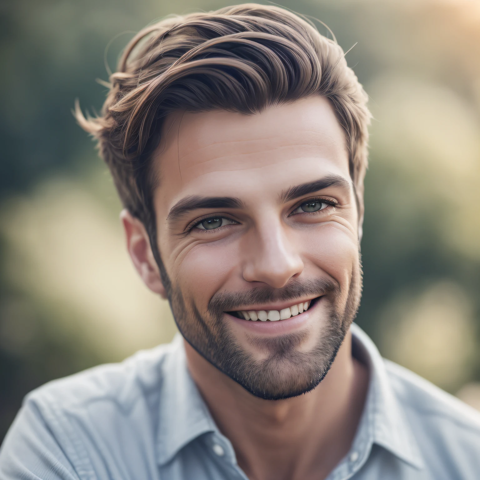 Foto RAW 4k de homem branco, cabelo preto, sorrindo, durante o dia, bokeh