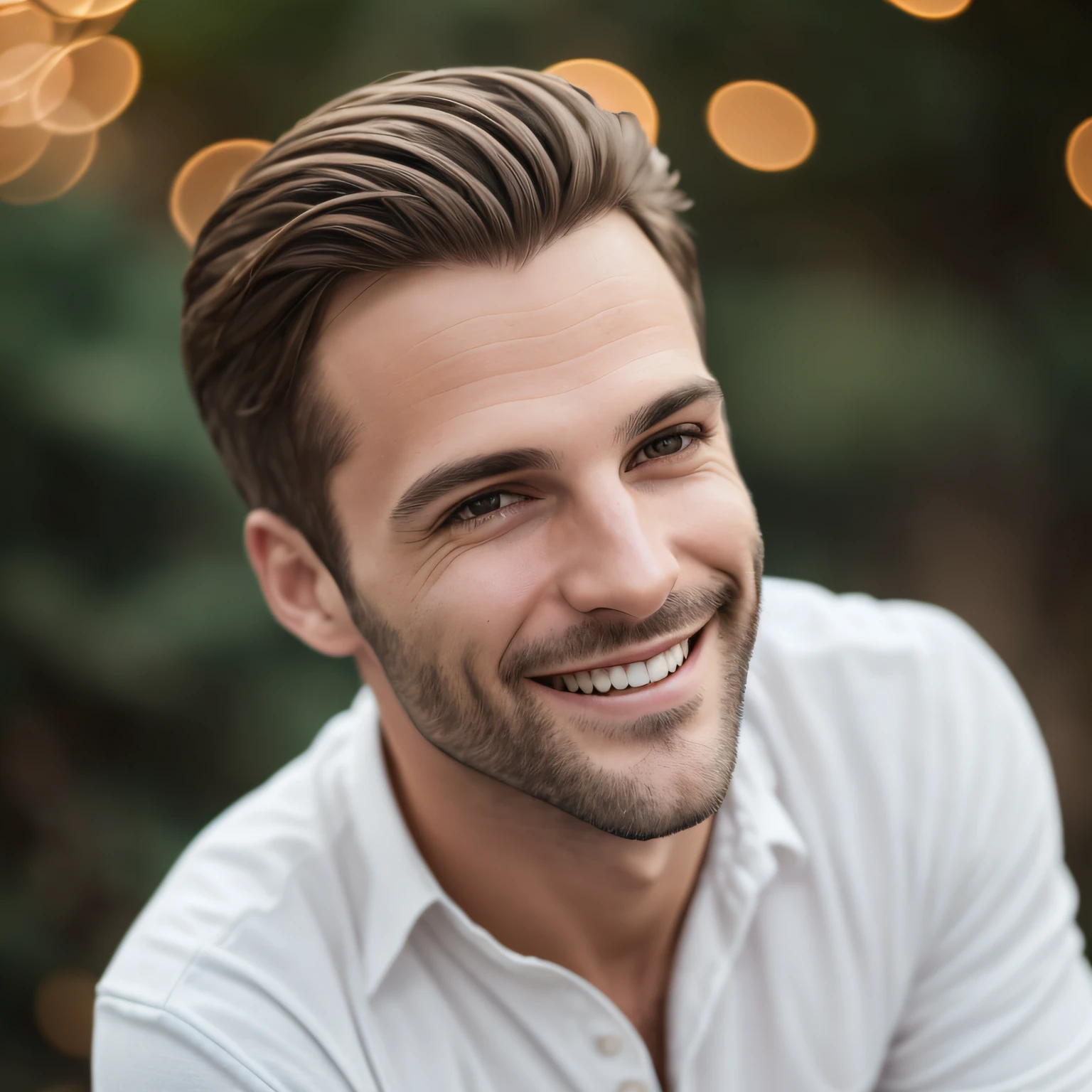 Foto RAW 4k de homem branco, cabelo preto, sorrindo, durante o dia, bokeh