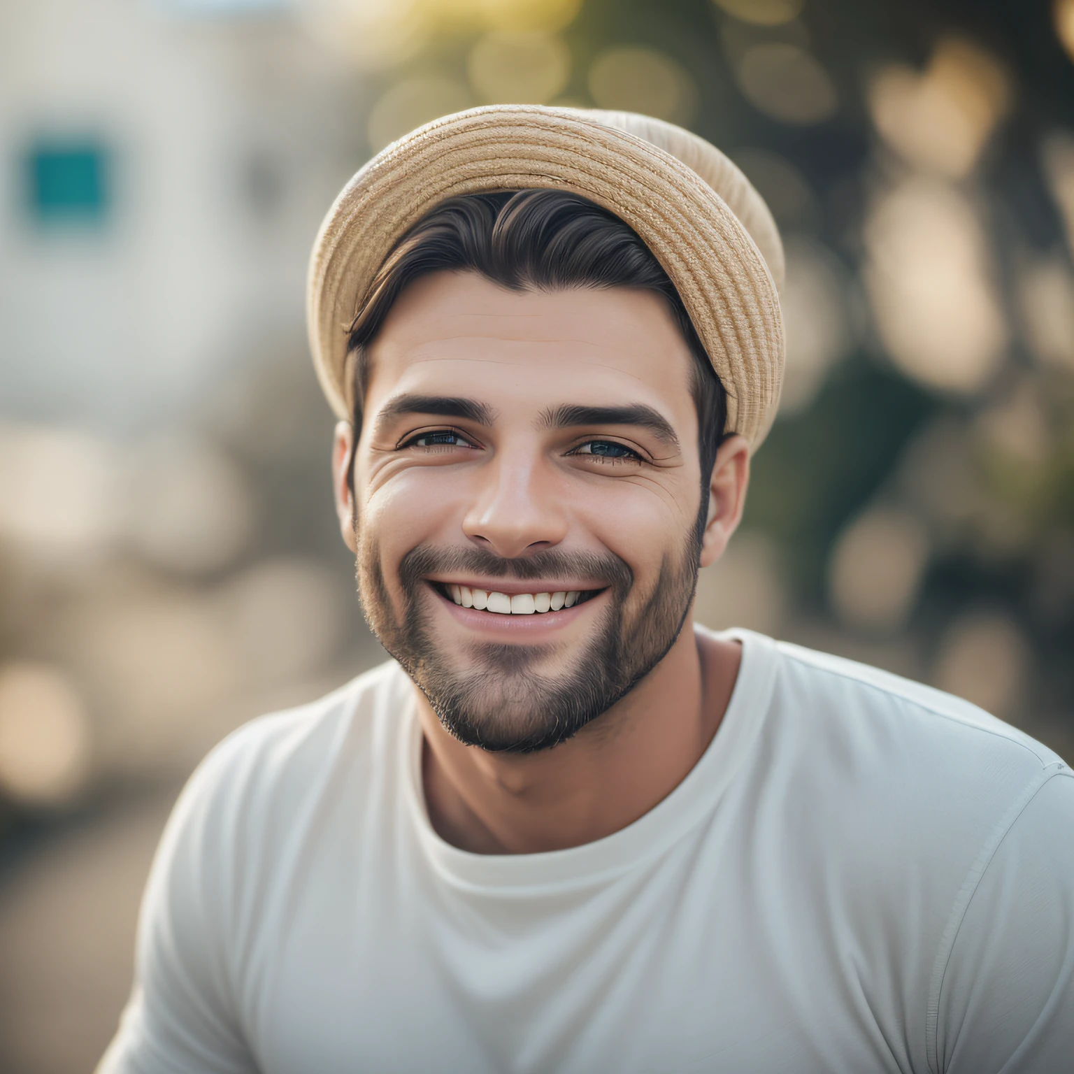 Foto RAW 4k de homem branco, cabelo preto, sorrindo, durante o dia, bokeh