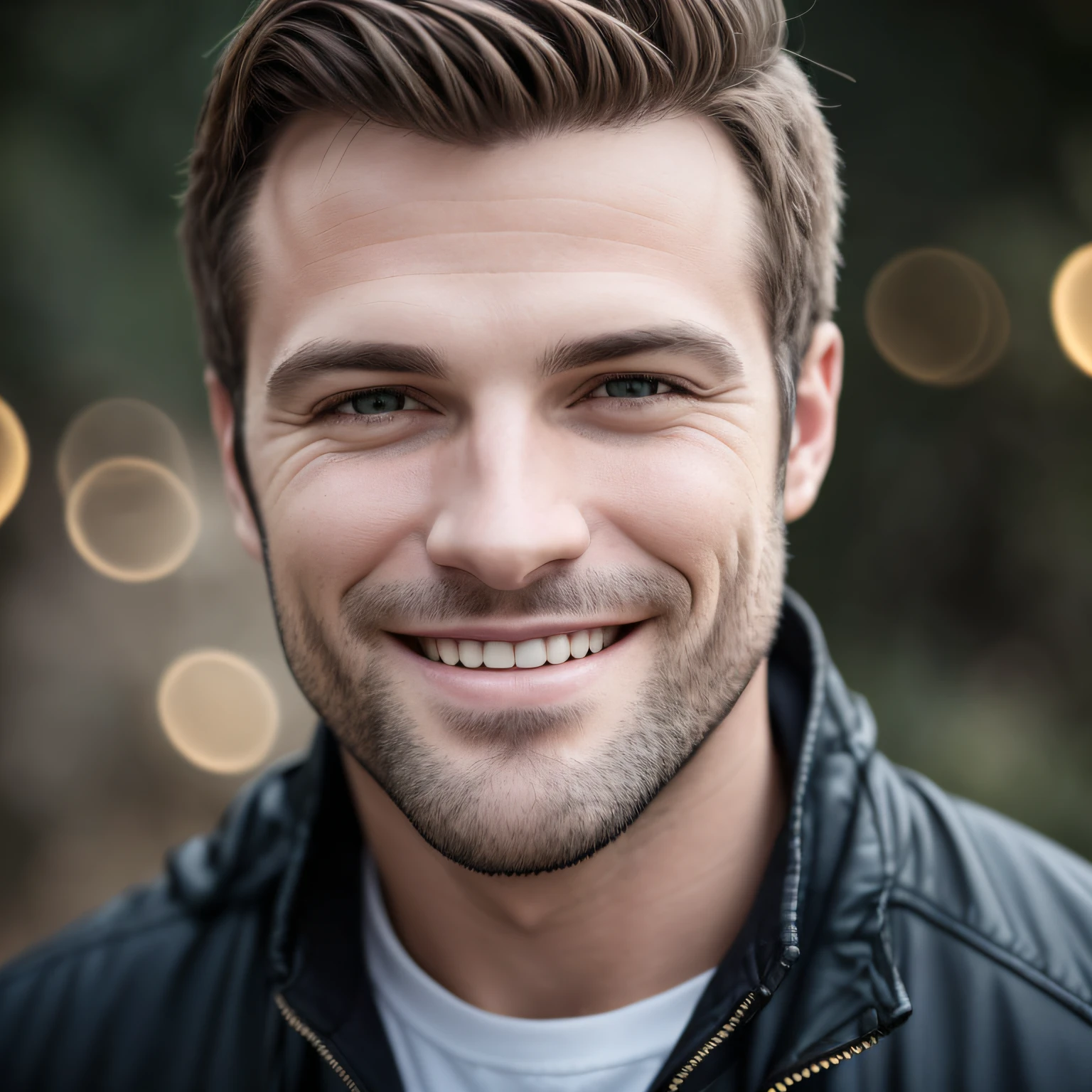 Foto RAW 4k de homem branco, cabelo preto, sorrindo, durante o dia, bokeh
