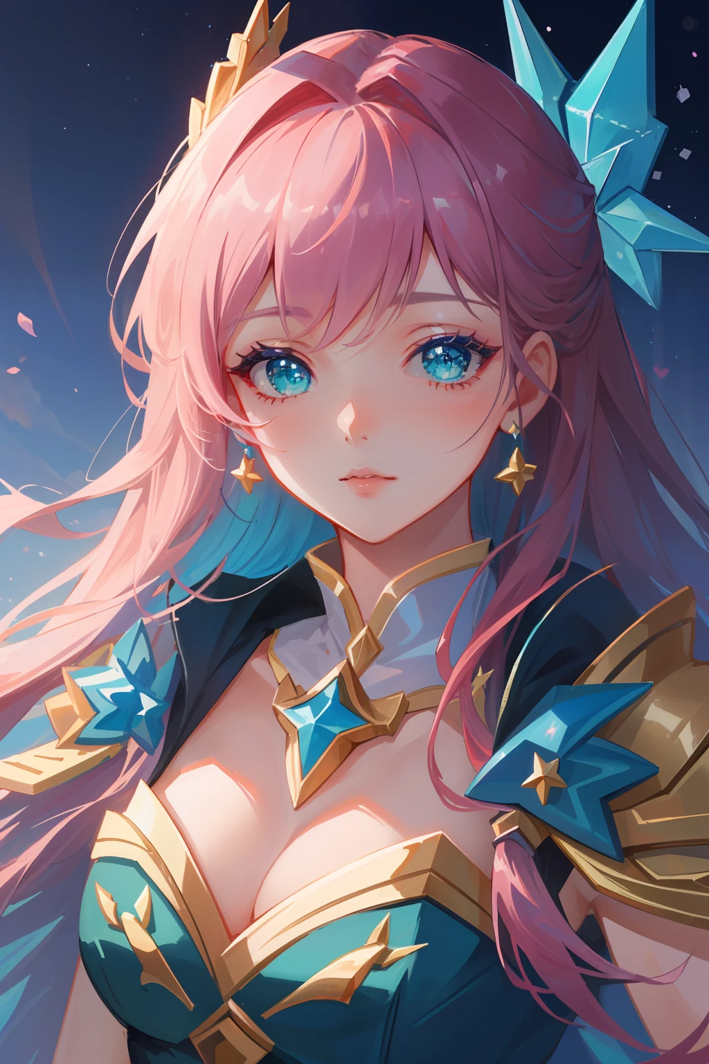 (masterpiece, best quality), intricate details, 8k, artstation, sharp focus, 1girl, star guardian, league of legends, (pink, purple, aqua color theme)