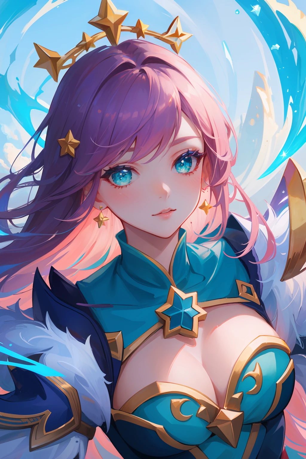 (masterpiece, best quality), intricate details, 8k, artstation, sharp focus, 1girl, star guardian, league of legends, (pink, purple, aqua color theme)