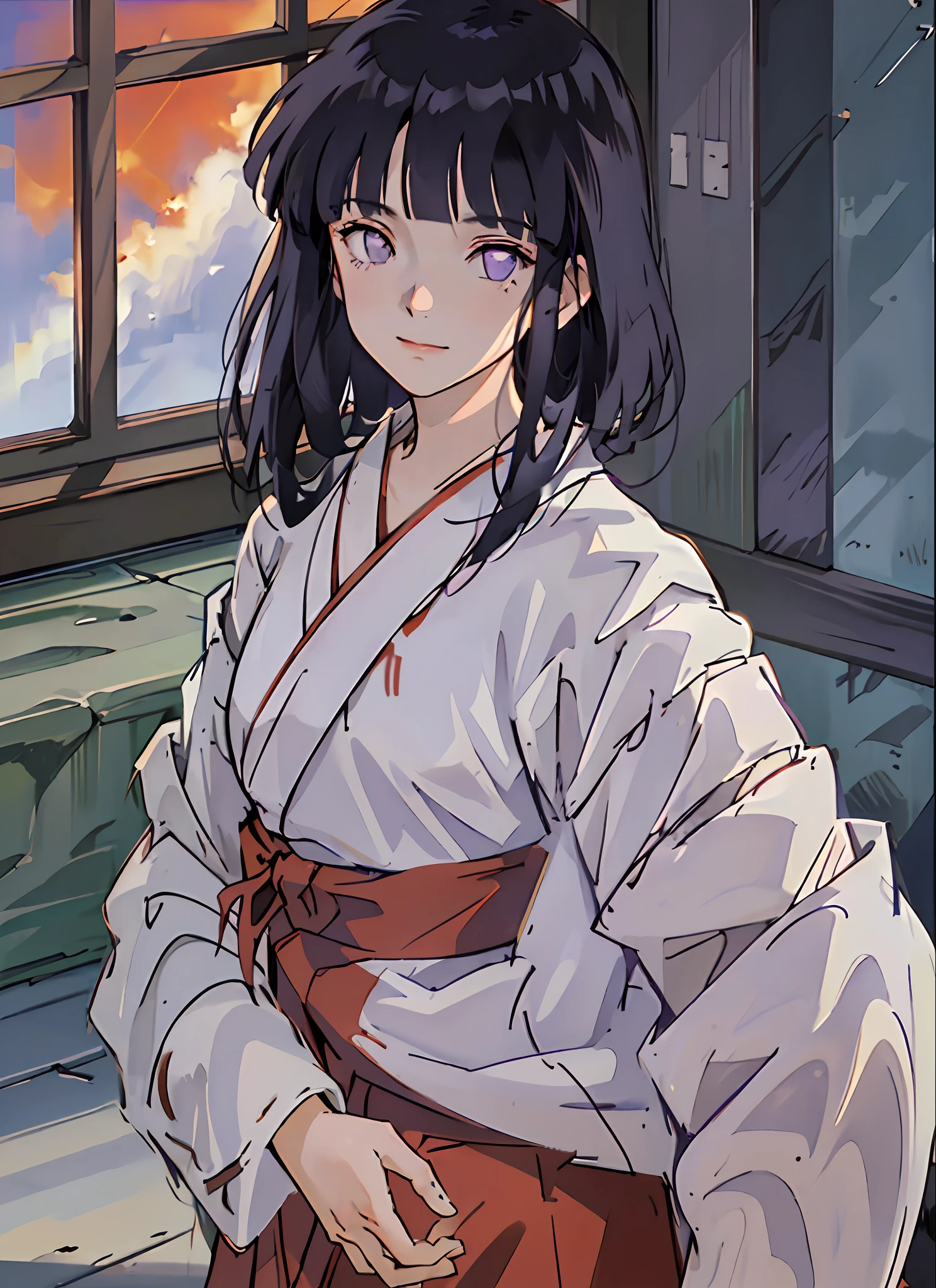 masterpiece, (((purple eyes))), ((red and white kimono)), cowboy shot, ((full body)), perfect eyes, perfect face, perfect lighting, indoors, colored sky, slight smile, blunt bangs, dark blue hair, hinata as kikyo