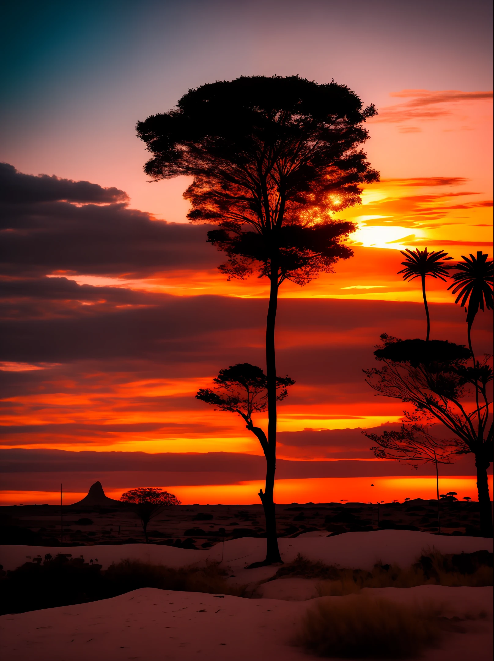 Uma paisagem com um colorido por do sol e uma silhueta de um casal