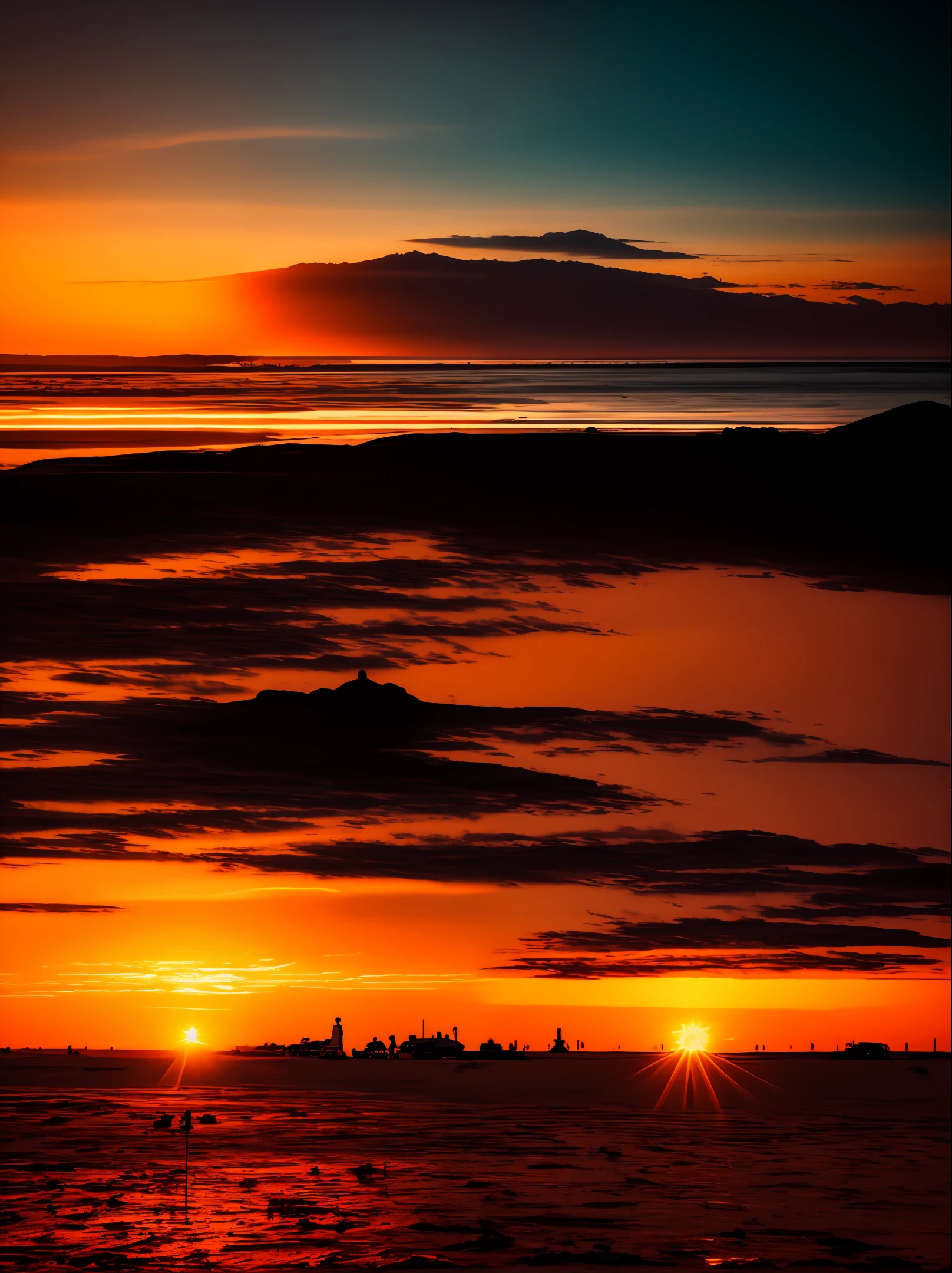 Uma paisagem com um colorido por do sol e uma silhueta de um casal