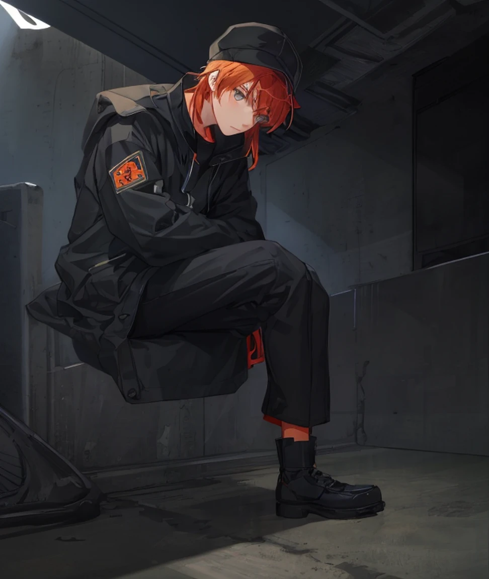 Sit cross-legged,Best Picture Quality, Very detailed CG full body view, Sit freely, Thinking male single character full body illustration, red tinted hair, Orange hair, wearing japanese techwear, anime style character, The details are outstanding, sittin, Dressed in black, Empty parking background, A boy with an anime atmosphere,Orange-red hair,The background is a big city,City Junior --auto