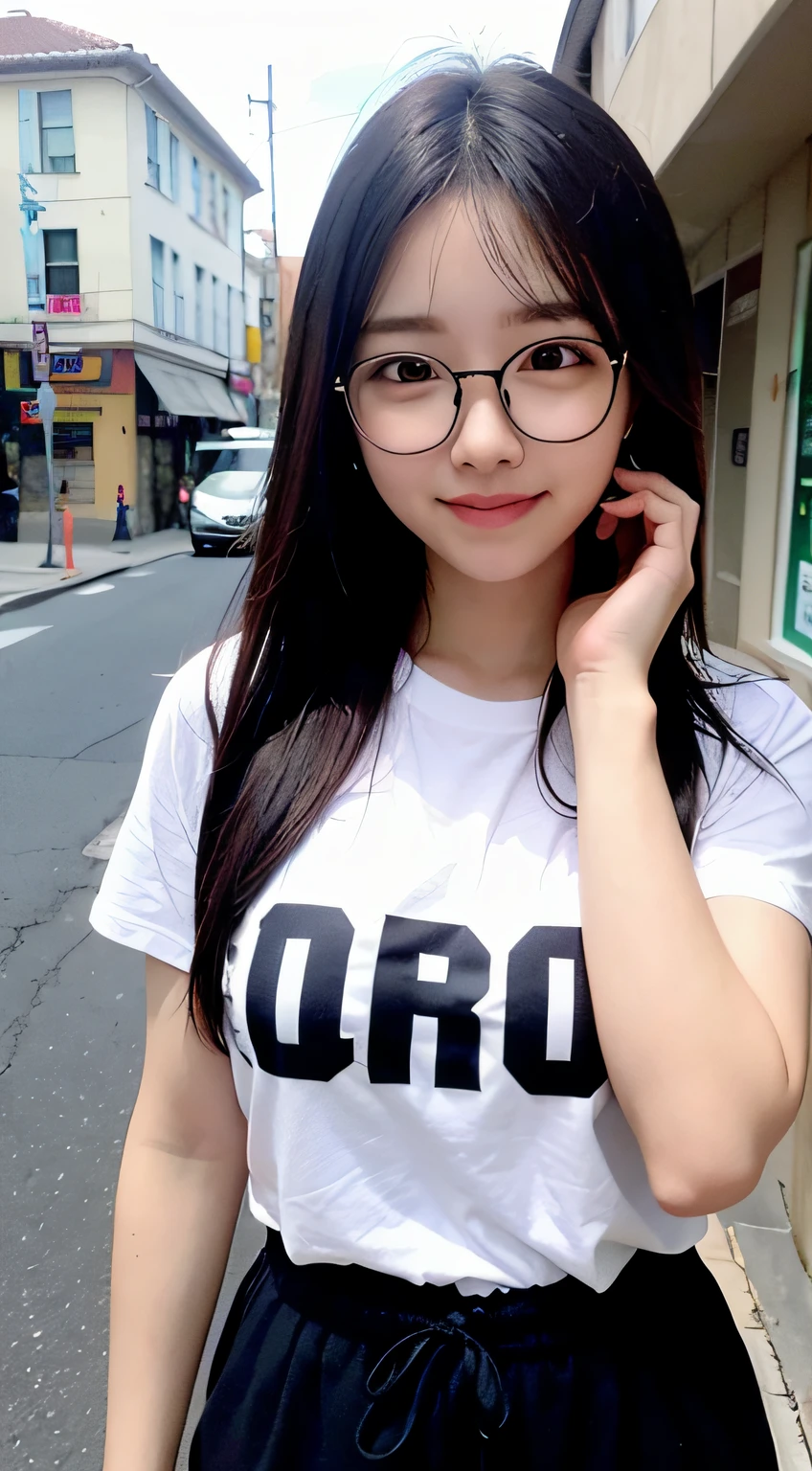bob cuts、Cute teenage girl、AKnB48 Team TP、AKn B48 、(A masterpie、best qulaity:1.2)、ultra-highres、(photorealestic:1.4)、Detailed skin、cinematic lighting、friendly、intelligent、Get carried away by the conversation、Happiness、cordial、Energetic and、Cheerful and、Be creative、Glittering eyes and infectious smile、In the street、upper-body、full full body、Longhaire、eyewear、Long pants、８K