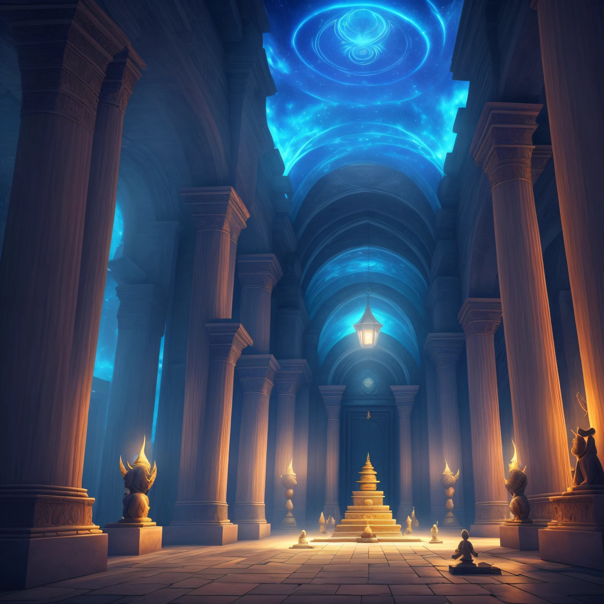 Realm of elemental beings with blue lights and mystical atmosphere with creatures, Mystical Temple, inside the temple imposing statues and massive doors, each protected by a different puzzle.