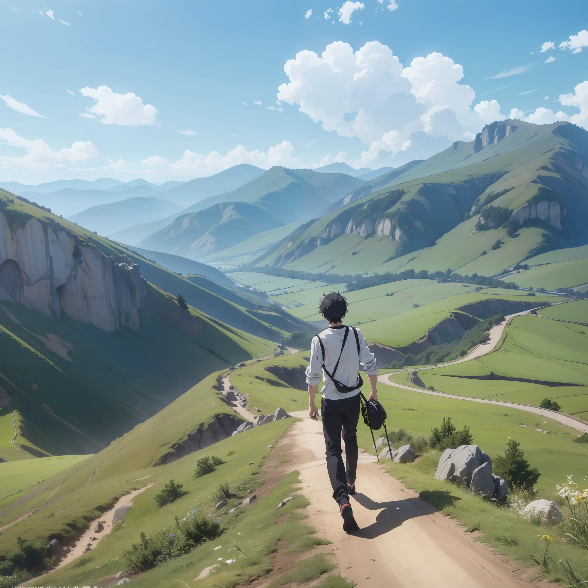 A man of about 30 years old with short black hair and a white shirt walks on a mountain path(Open mouth 1.5）（Shout out action 1.5）（Smile emoticon 1.3）（The background is the mountain trail 1.5）Anime style 4 K，Anime rendering，style of anime。8K，Handsome anime face（Upper body display 1.5）（Handsome boy 1.3）（Cinematic lighting 1.5）（Vicissitudes 1.3