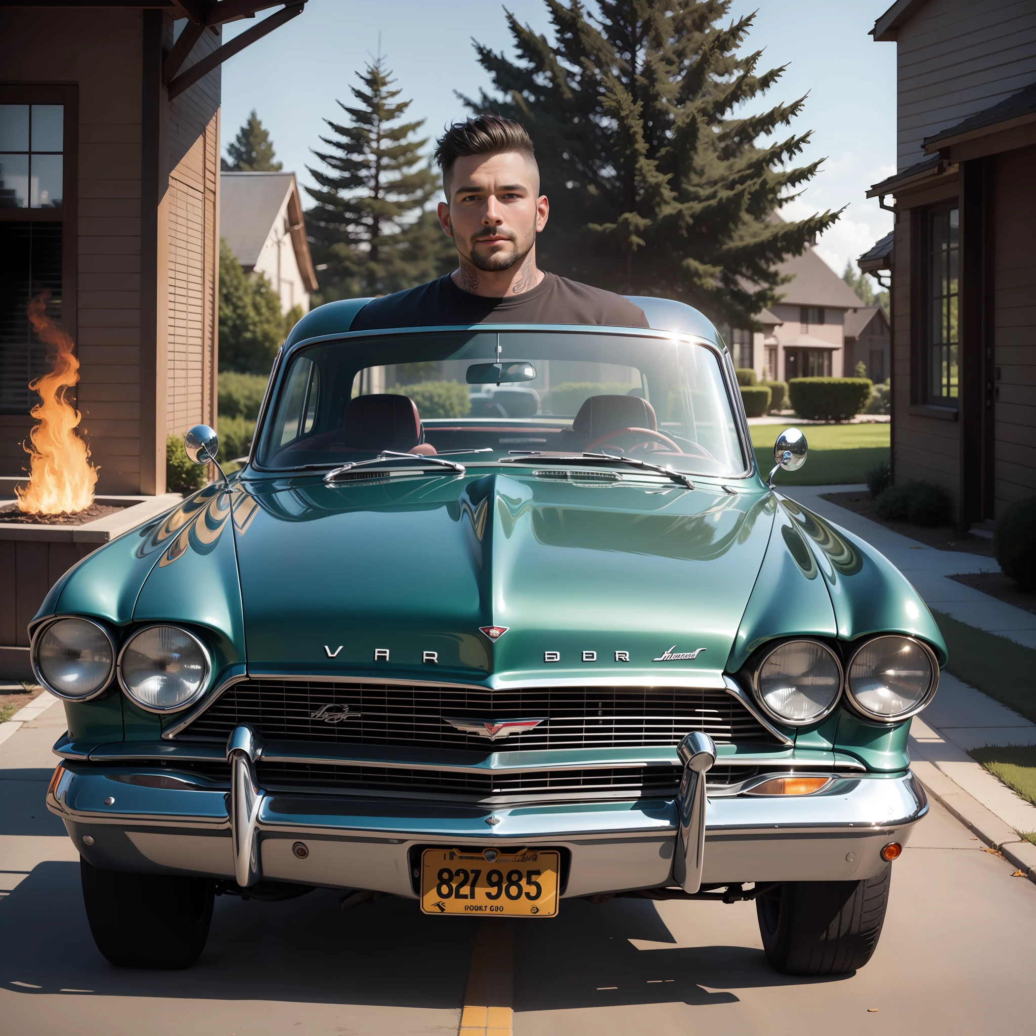 RAW photo, HD, 16k resolution of a man in his Black 1964 Chevy Nova Hot Rod, (realistic flame decals on the sides), parked in from of his 3 acre mansion, happy, fit dad bod, 35 year old, tattoos, financial consultant.
