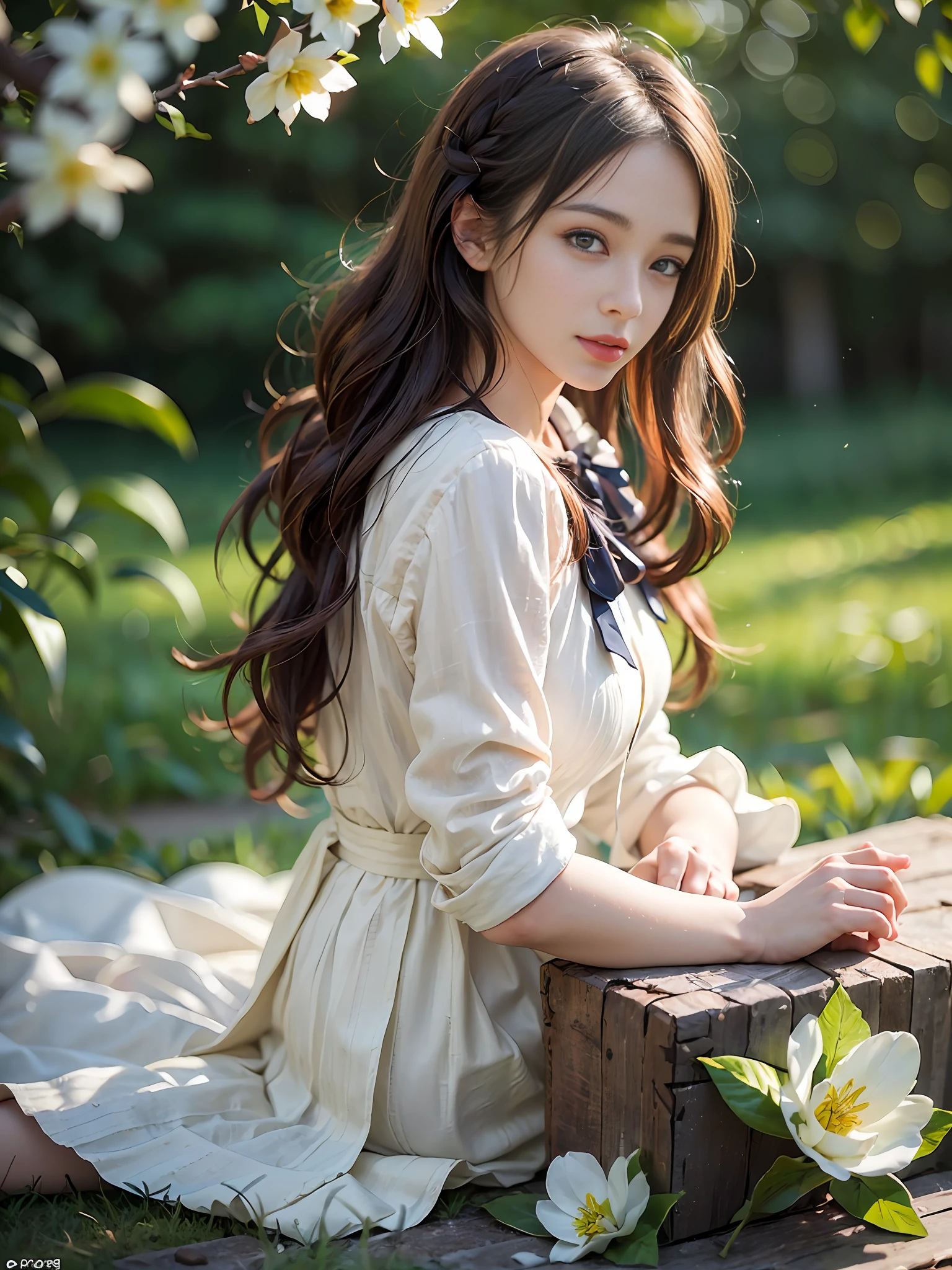 One woman with a faint smile、full full body、Ruffled white socks in smooth and shiny silk material、pumps、Sitting on lawn sheets、(Photoreal:1.4)、(Hyperrealistic:1.4)、(Realistic:1.3)、(Smooth lighting:1.05)、(Improved cinematic lighting quality:0.9)、(Shallow depth of field)、1girls、20 year old adult woman、Bright spring morning natural light、back lighting、Facial Lights、ray-traced、(bright lights:1.2)、(Quality improvement:1.4)、(Realistic textured skin of the highest quality:1.4)、small tits、fine detailed eyes、detailed faces、Small face、Fine quality eye、Brown eyes、ponie tail、Braiding、Ribbons in the hair、Floral blouse with ruffles、bowtie、Green glass jar with water、The back of the background is white and blurry.