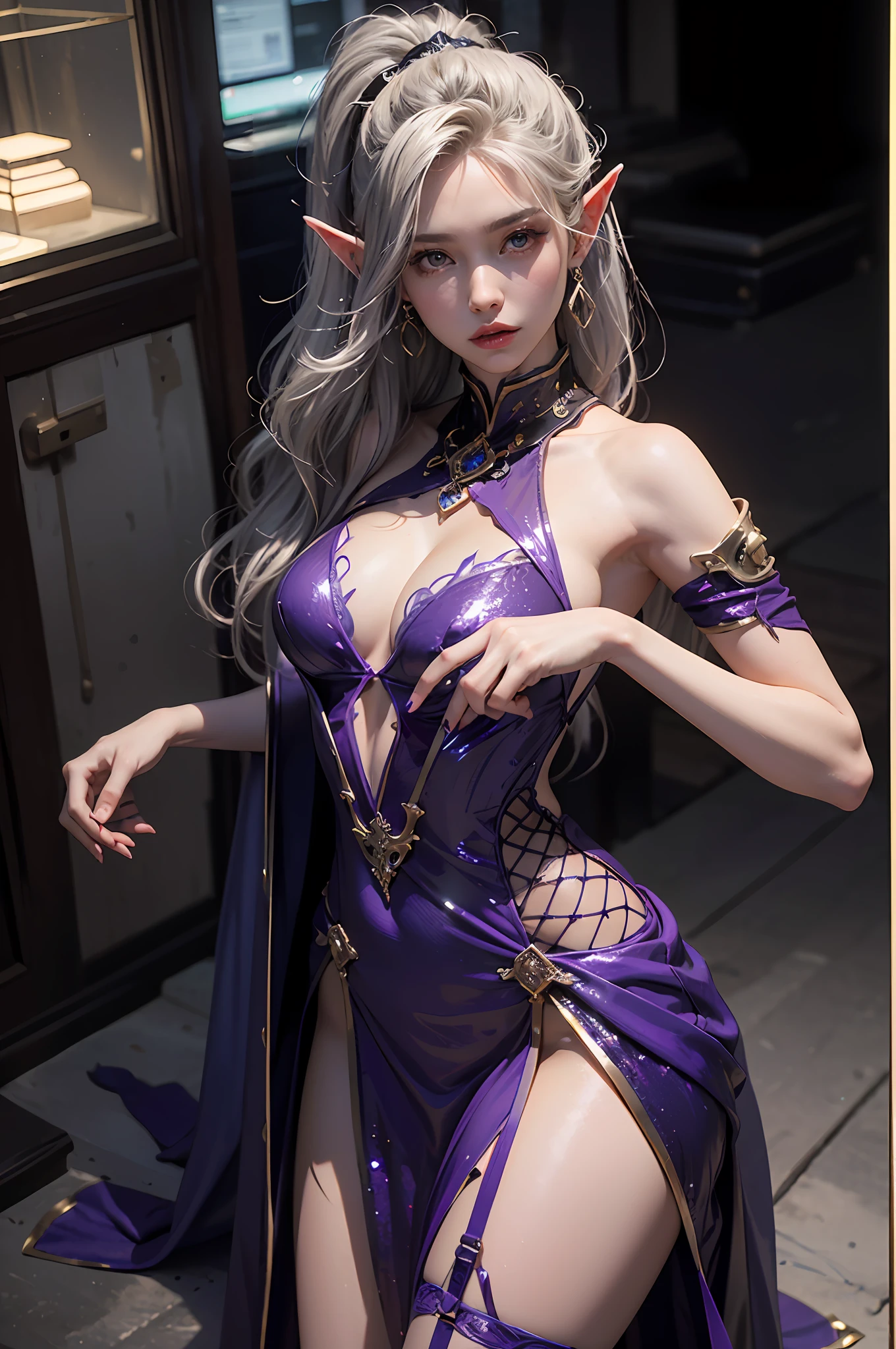 ((best qulaity)), ((A masterpiece)), (Detail:1.4), 3D, A beautiful elven fantasy beautiful girl,Elf long ears,ear studs,((Long silver hair,Double ponytail:1.9)),(Purple princess dress,Long skirt:1.4)(Black stockings beautiful legs,High-heeled sandals:1.6)(Western European medieval style,Metal Temple,:1.6),Metallic sequins,Fantasy wind,closeup of face,Extremely normal hands,Extremely normal legs,hdr(High dynamic range),raytraced,NVIDIA RTX,The ultra-Resolution,illusory 5,Subsurface scattering、PBR Texture、post-processed、Anisotropic filtration、deep of field、maximum definition and sharpness、multi-layer texture、Albedo e mapas Speculares、Surface Coloring、Accurate simulation of light-material interactions、perfectly proportioned、octane rendered、Two-colored light、Large aperture、Low ISO、White balance、rule of thirds、8K raw data