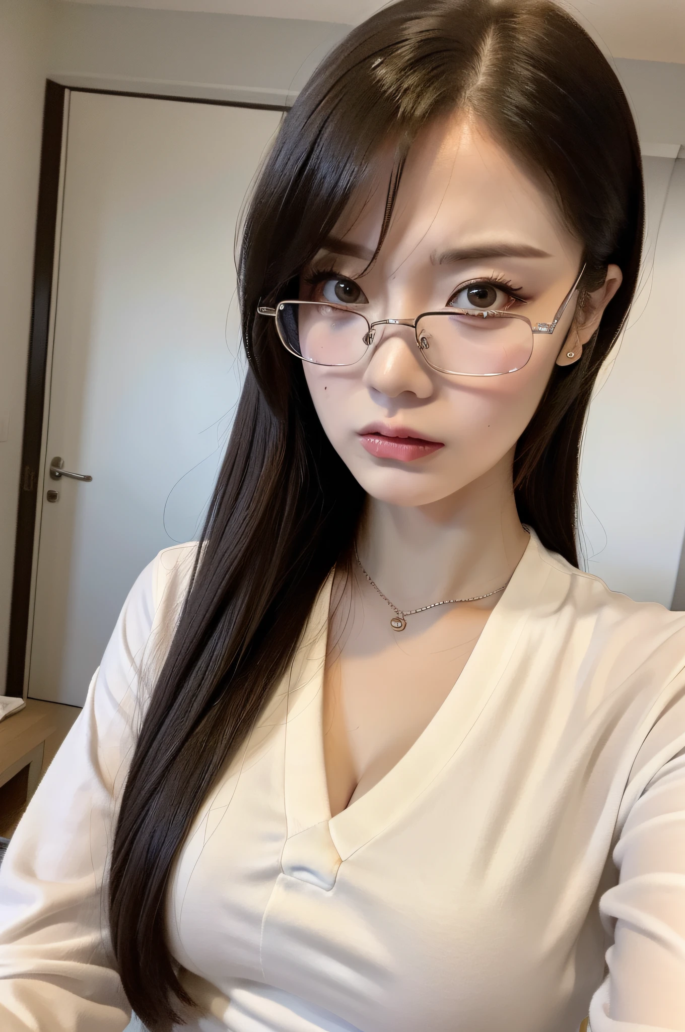 (((anger)))、Female President、(beste Quality、in 8K、A masterpie:1.3)、Sharp focus:1.2、Woman with perfect body shape:1.4、Angry eyes、Angry lips、Realistic rays、White blouse、large boobs、eyewear