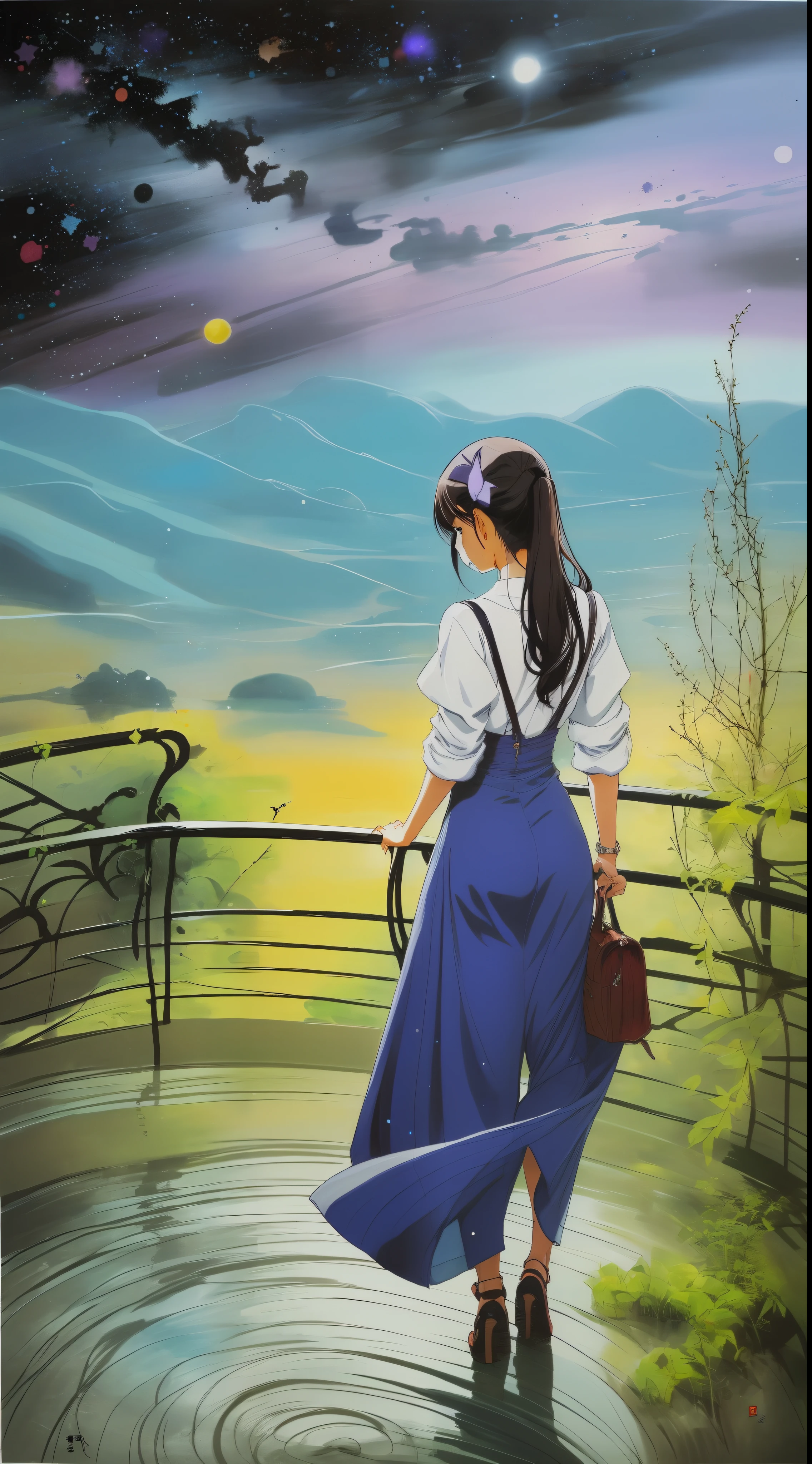 (menina),(estilo anime:1.1),(costa:1.1),(watching the galaxy from the balcony),(Estilo de pintura),(tons de azul:1.2 e roxo:1.2)