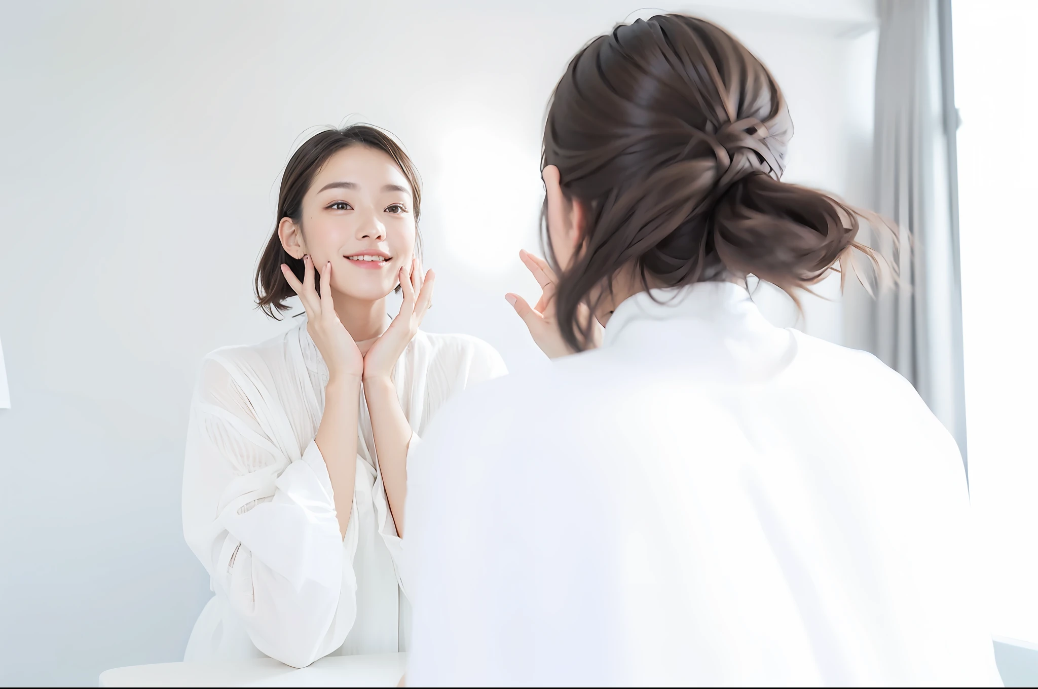 ((A masterpie、beste Quality、high-detail))、The girls1people、(photorealestic:1.4)、独奏、White background、with a pure white background、closes mouth、Happy smile、Smile happily、pretty black hair、Shorthair、big eye、Distinct double eyelids、Lashes、Put your ears out、Absolute area、((from above view))、(caps、Draw all the shoulders)、19-year-old、Attractive proportions、glowy skin、Clean collarbone、The face of the golden ratio、perfect faces、Tear mole、Mole on the chest、Bangs、Clean bangs、lipgloss、thin lips、White-colored skin、nuda、a large breast、Small face、smaller face、Draw all the heads、Draw all the shoulders、from side