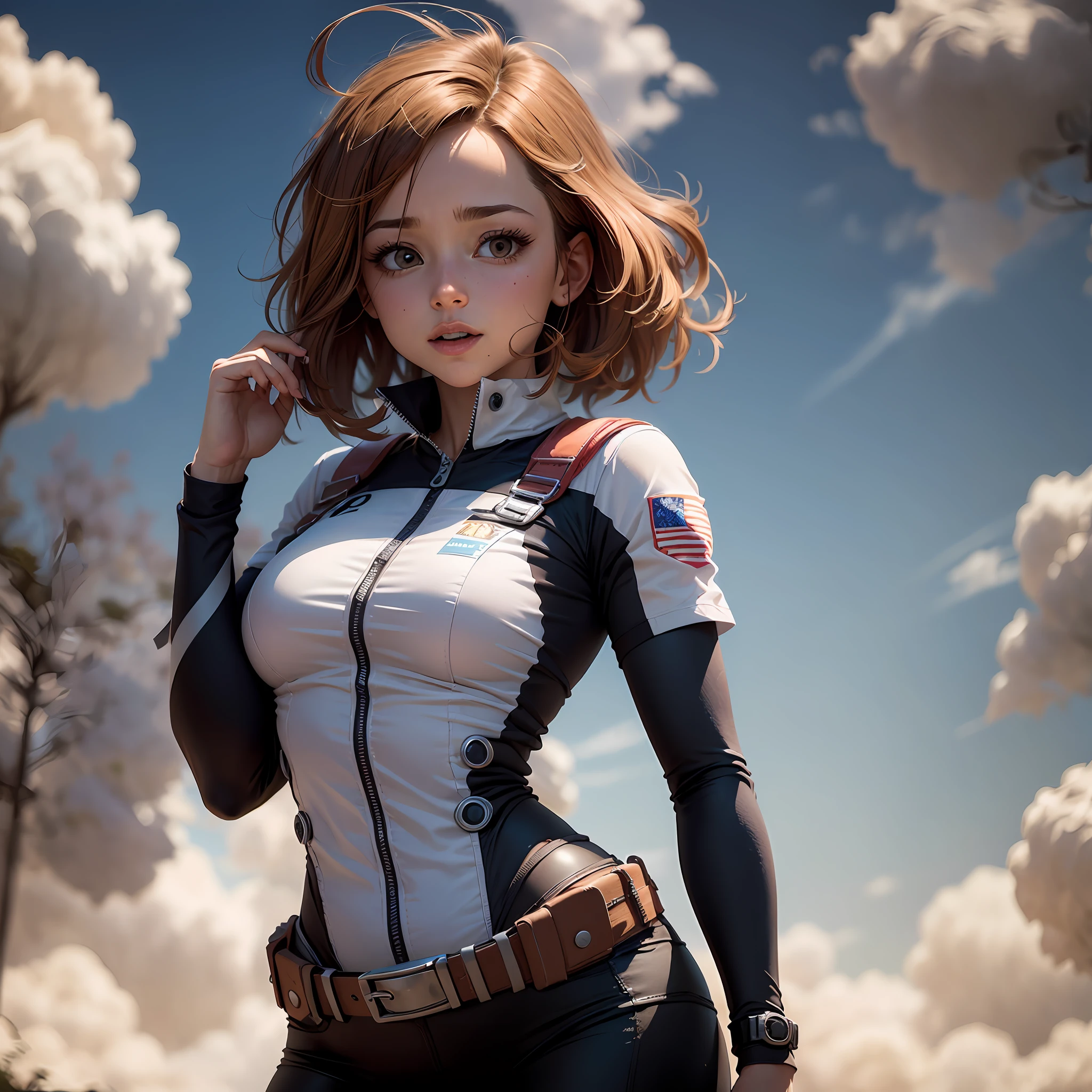 "((obra-prima:1.3), alta qualidade, ultra-detalhada, corpo inteiro), Uraraka Ochako (My Hero Academia), dynamic background, charming expression, tom brilhante, beleza surreal, cabelo flutuando, veste roxa, climatic, tom rosa:0.95, estiloso:0.95, viajante do tempo:0.95, instinto:0.9".