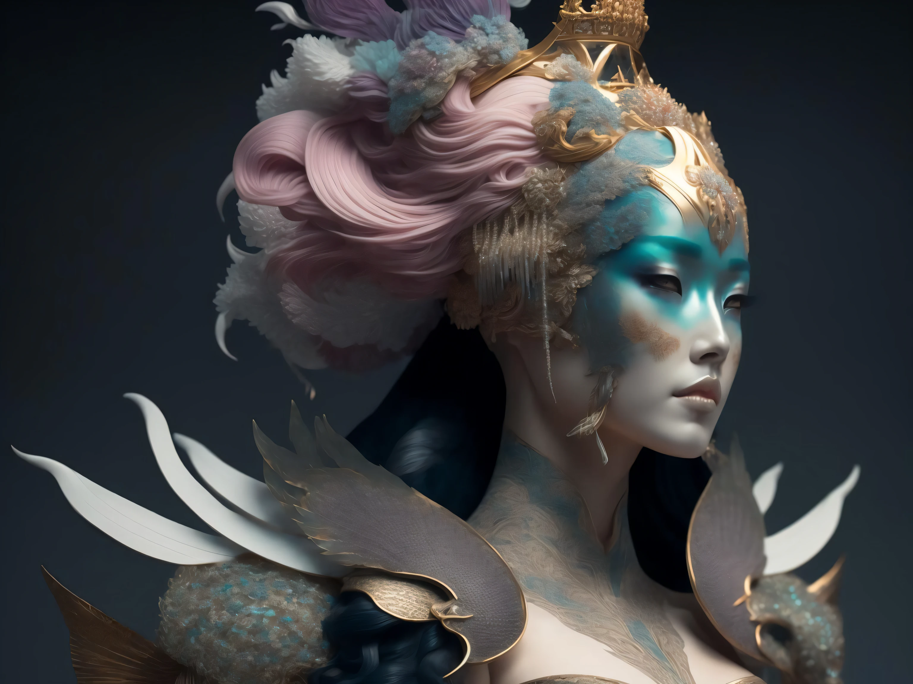 3 d goddess close - up profile portrait with crown, ram skull. beautiful intricately detailed japanese crow kitsune mask and clasical japanese kimono. betta fish, jellyfish phoenix, bio luminescent, plasma, ice, water, wind, creature, artwork by tooth wu and wlop and beeple and greg rutkowski