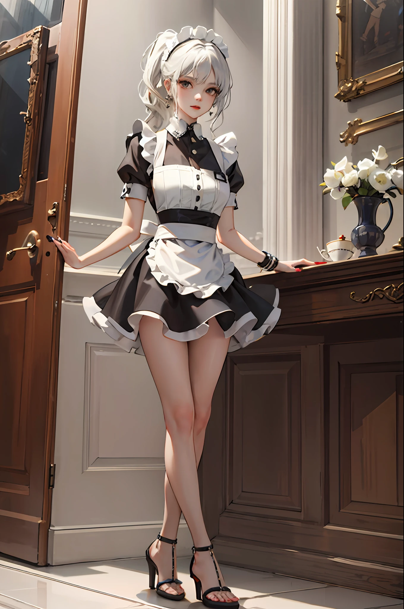 (The Masterpiece:1.2, need), (real shot, intricately sculpted), 独奏, 1lady,whitehair,long way hair,Maid outfit,short skirts,High-heeled sandals,Manicure