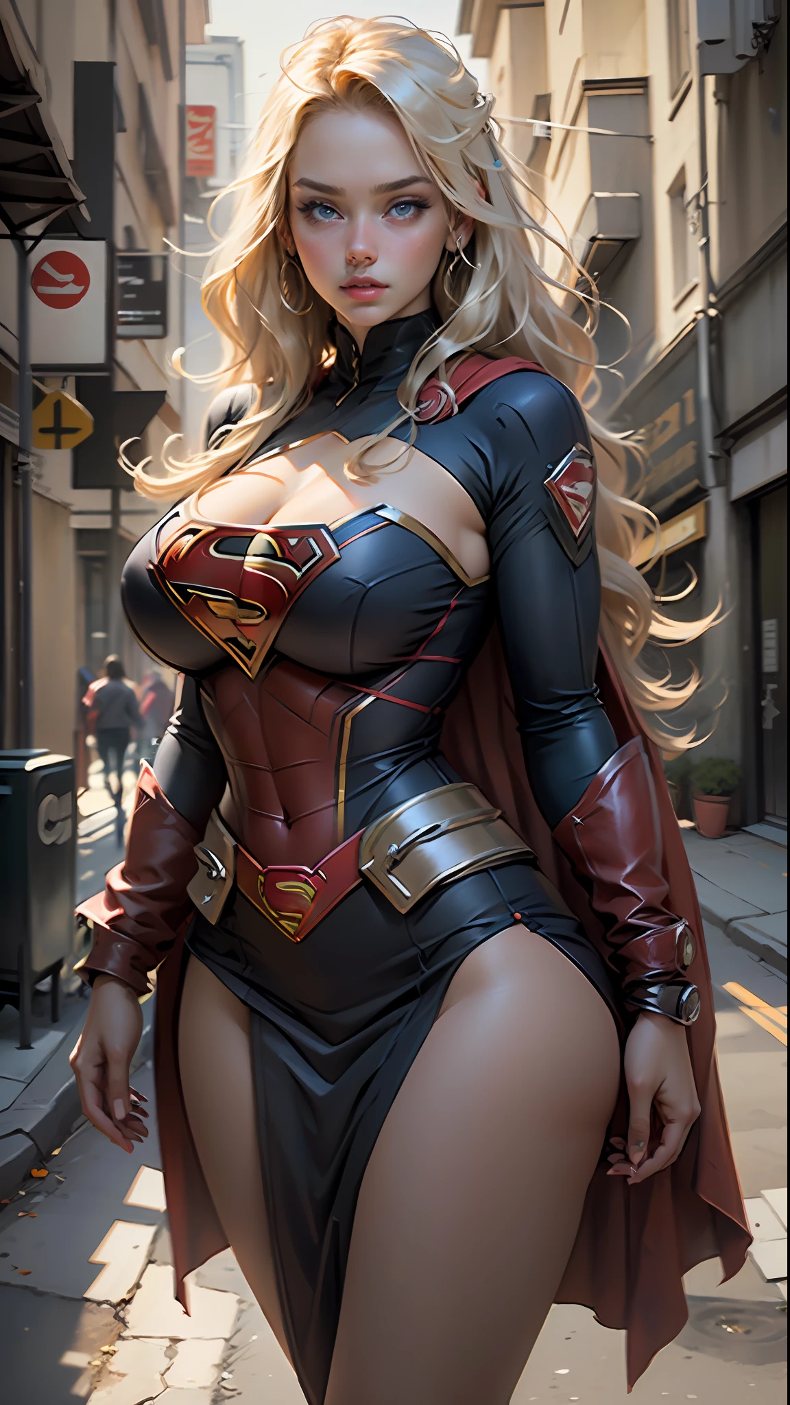 (best quality)), ((masterpiece)), ((realistic)), (detailed), detailed face,supergirl Beautiful woman (20 years old, long blonde hair, blue eyes) defined body, detailed, using tube dress cosplay supergirl suite,(((huge breasts)))