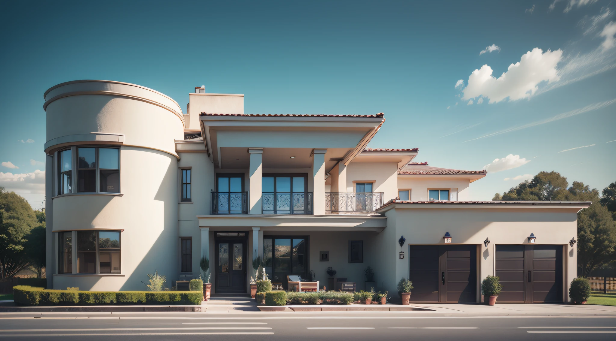 Modern American mansion, cars in front, blue sky, promotional photo, hdr, cinematic, adobe lightroom, highly detailed, award-winning photography, real photo, clear photo