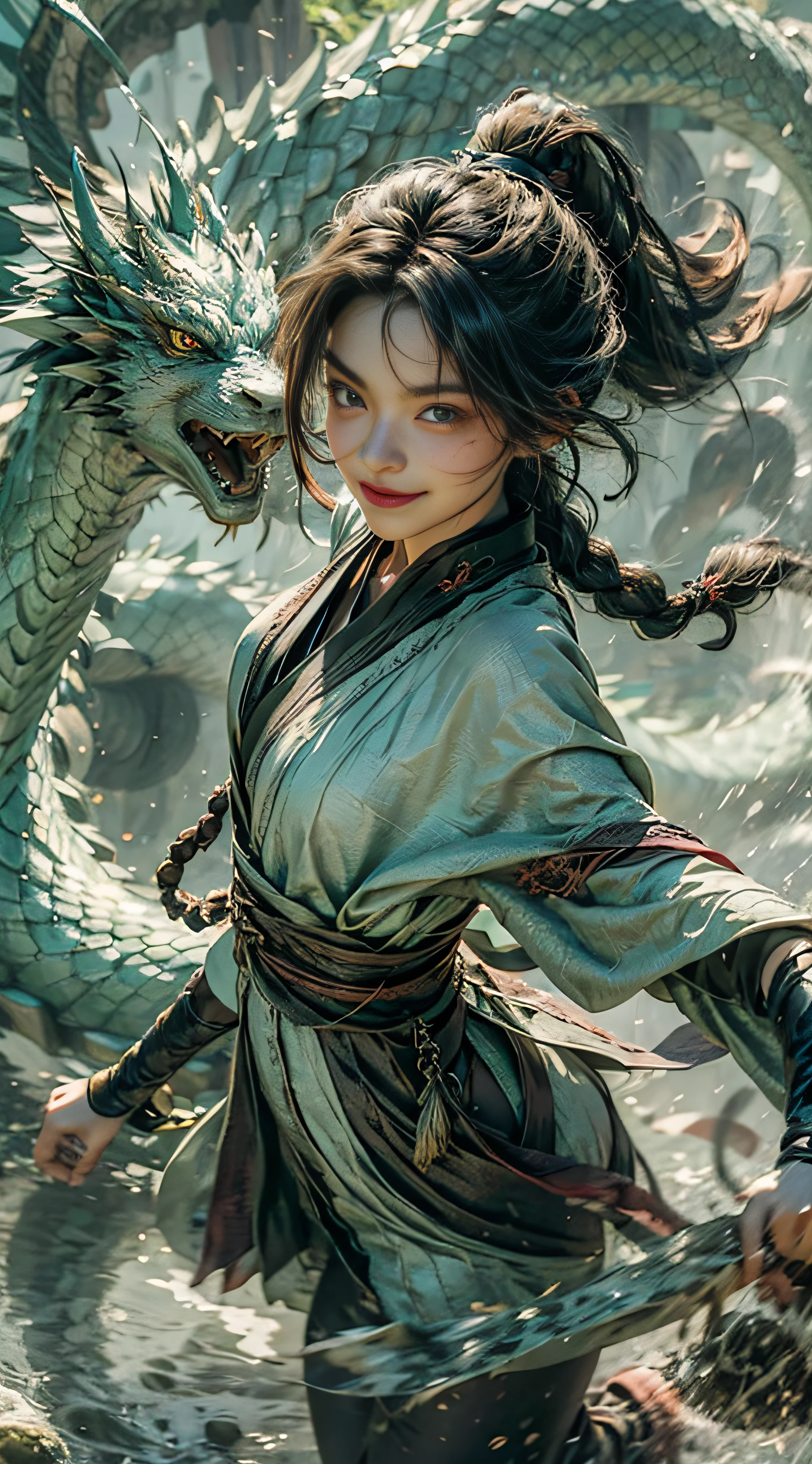 braided ponytail, dragon horns, color contact lenses, light smile, Tonalism, motion blur, from above, 35mm, Sony FE GM, 16k