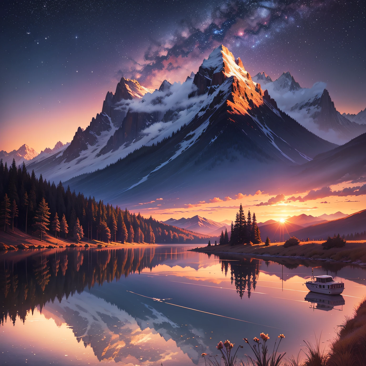 Silent night,mountain valley,tree,lake water,Looking at the silence in the distance,beautifull,Layers of mountains